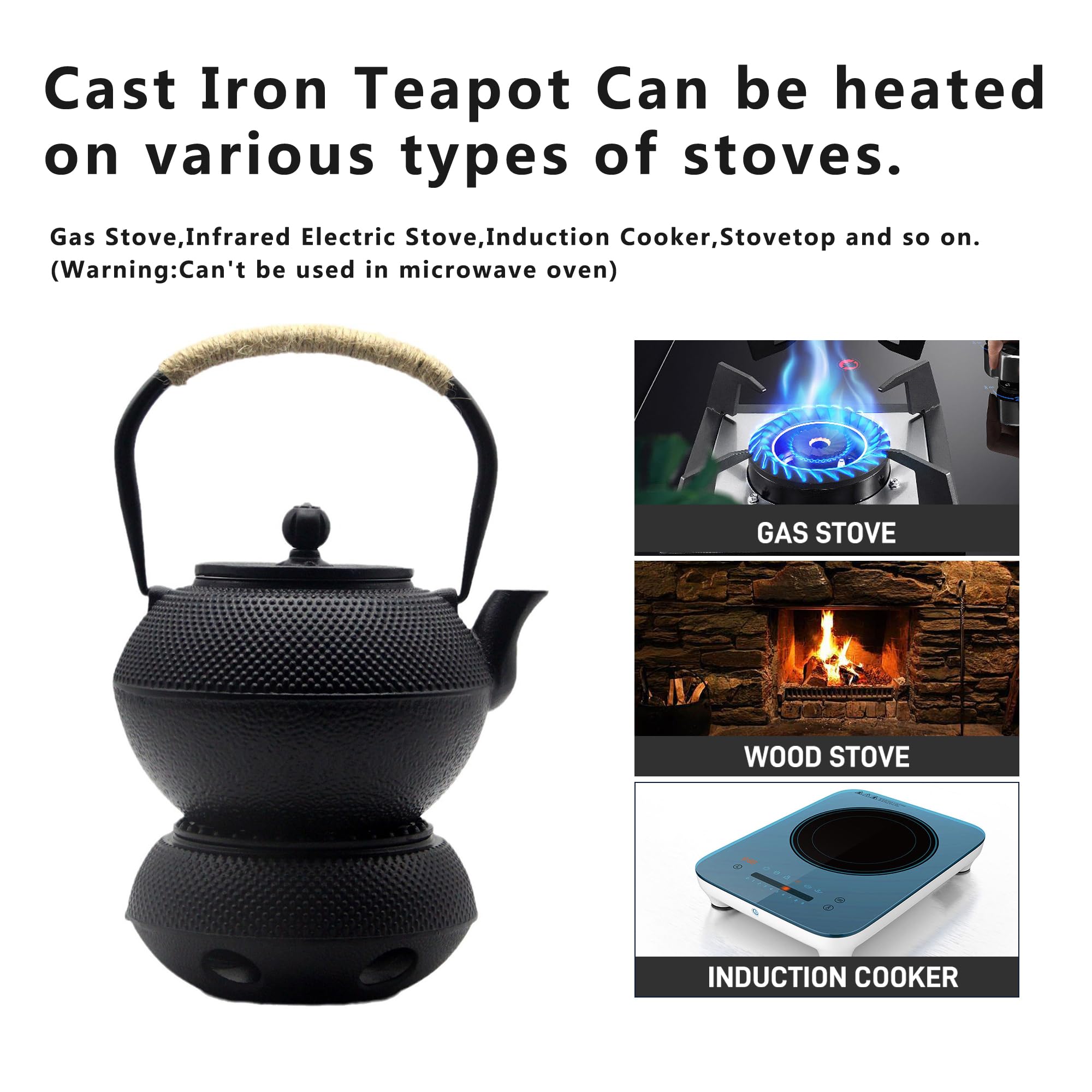 Juego de tetera de hierro fundido con calentador de hierro fundido, juego de tetera japonesa Tetsubin con tazas, tetera de hierro fundido con infusor de acero inoxidable e interior esmaltado (juego de