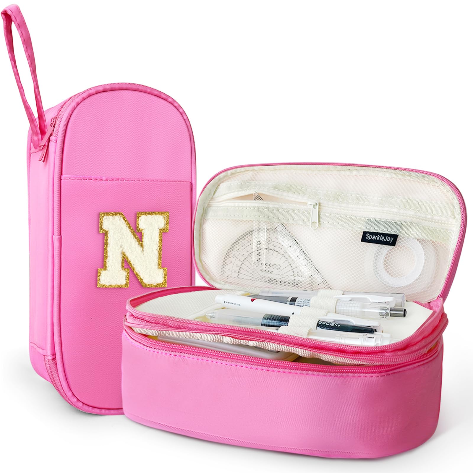 SparkleJoy Federmäppchen mit Buchstaben Federtaschen 2 Fächer Mäppchen Etui Stifte Doppeldecker, Große Kapazität Pencil Case Aesthetic,Mäppchen Geeignet Mädchen/Teenager,für Schule & Büro (N, Rosa)