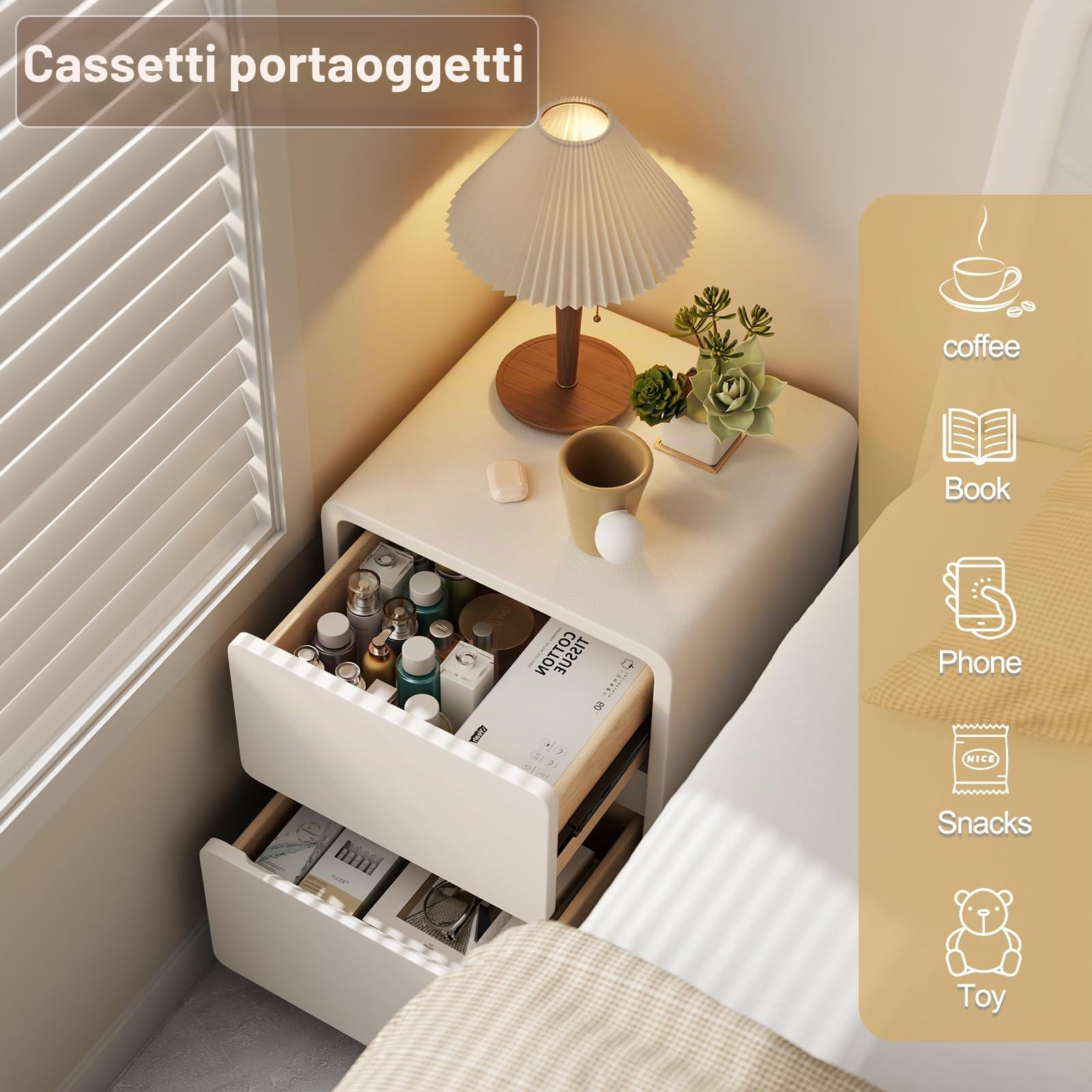 AQIMUELE Comodino Stretto, Tavolino con 2 cassetti, senza installazione, superficie in pelle, Comodino per camera da letto e soggiorno, larghezza 40 cm (Bianco)