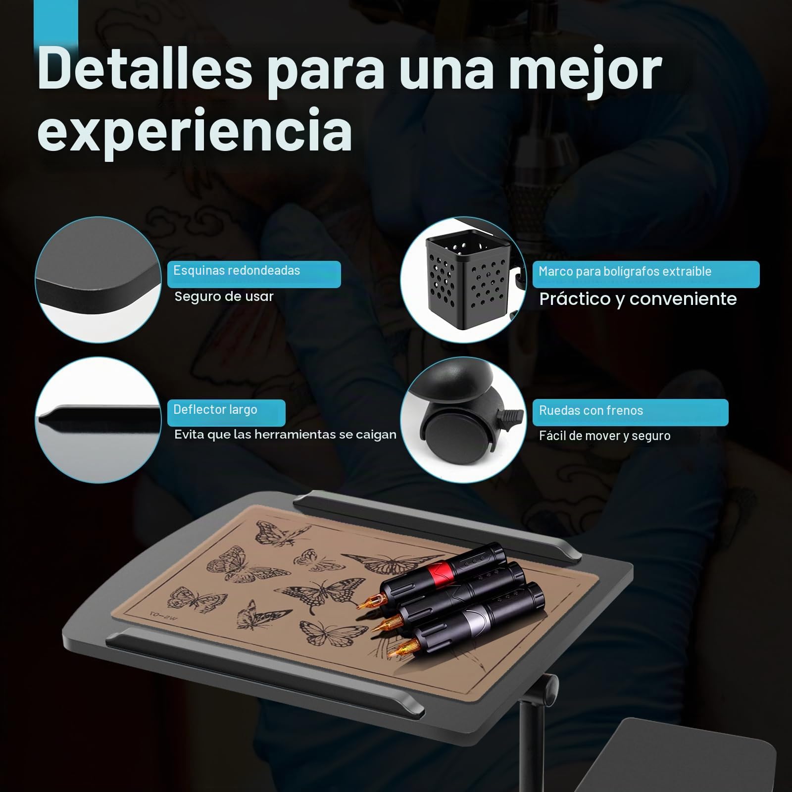Tattoo WorkStation, banco de trabajo de tatuaje, estación de trabajo portátil de tatuajes portátil de 61 a 107 cm, altura ajustable, reposabrazos grande, mesa auxiliar con ruedas