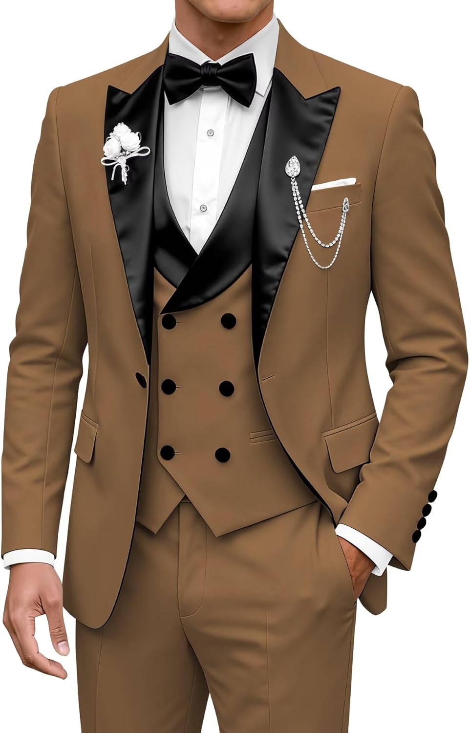 Wangyue Mens Suit 3 Piece Tuxedo Slim Fit Double Breasted Suit Men Wedding Party Prom Suits
