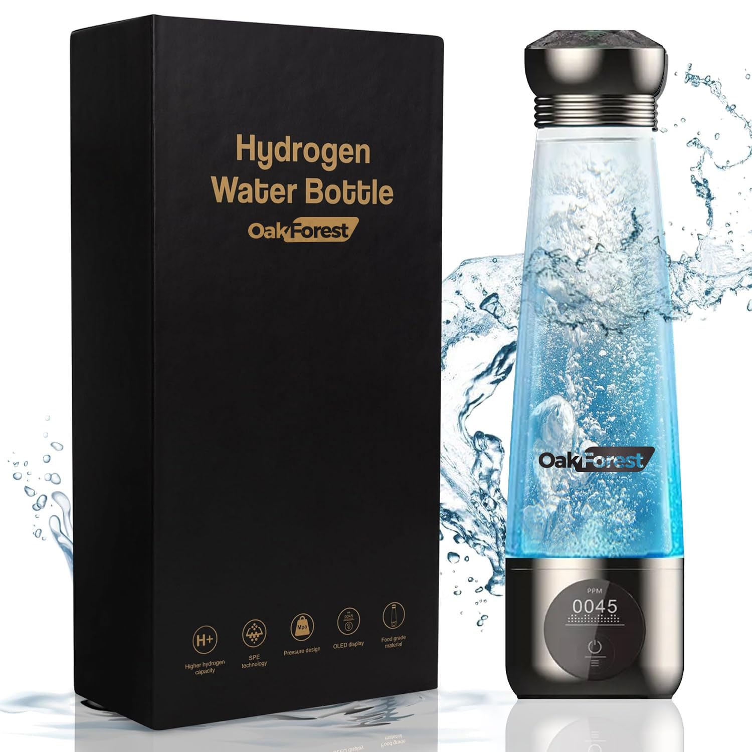 Oakforest Portable Hydrogen Water Bottle with SPE PEM Technology | OLED Display USB Rechargeable High-Efficiency Hydrogen Rich Water Cup from 1500 up to 3000 PPB with Ionizer Membrane | 270ml