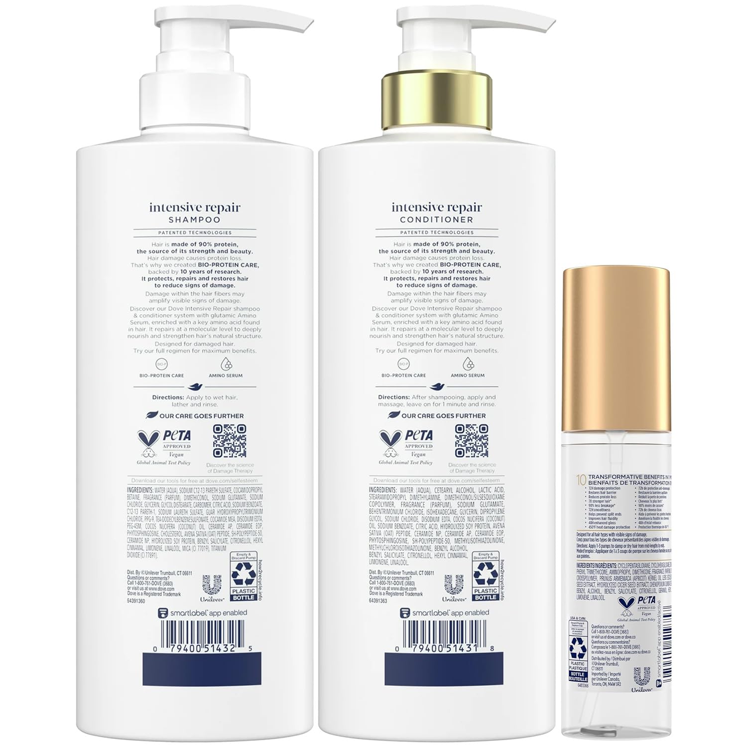 Dove Shampoo, Conditioner & Serum Set, Intensive Repair – Damage Therapy Bio-Protein Care Formulas for Restoring Dry, Damaged Hair (3 Piece Set)