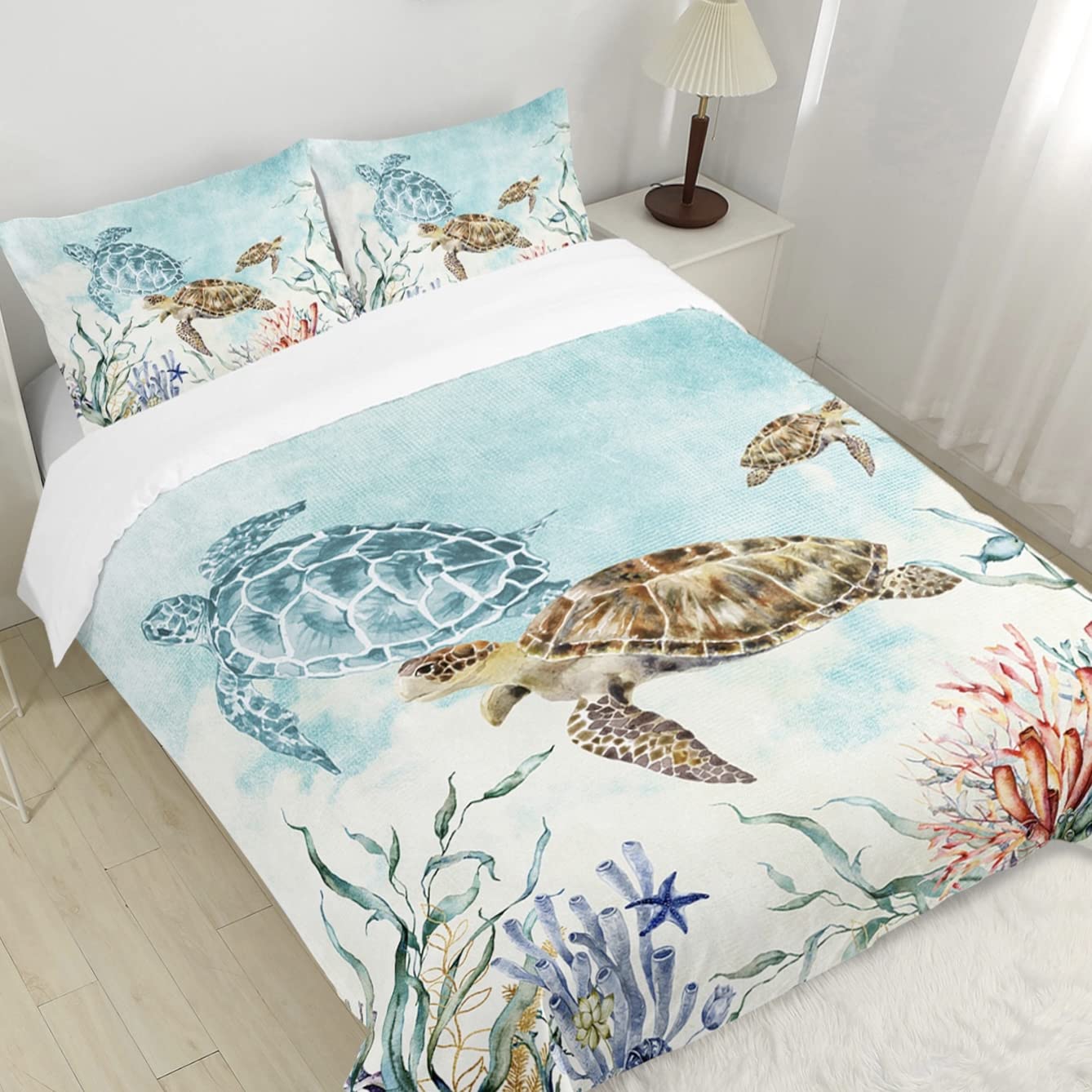 CVHOUSE Sea Turtle Duvet Cover Twin Size,Ocean Watercolor Bedding Set for Kids Teens,Beach Comforter Cover,1 2 Pillowcases 3 Piece Twin 71'x87'