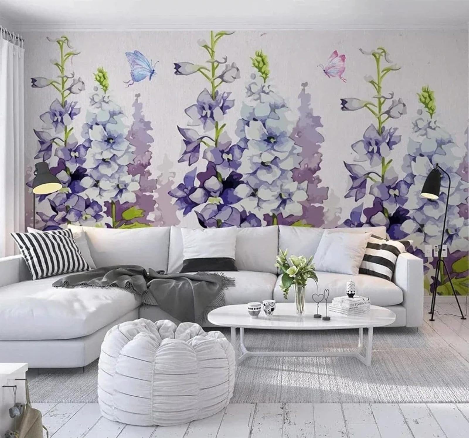 XLMING Papier Peint 3D Dessin À La Main Aquarelle Violet Fleurs Papillons