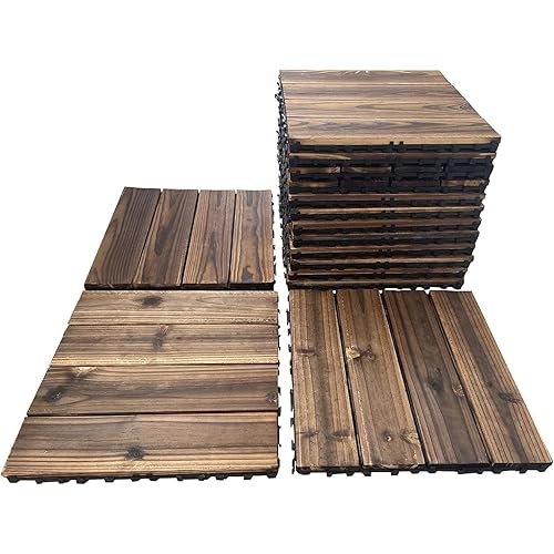 36 Pack Hardwood Interlocking Patio Deck Tiles, Wood Flooring Tiles,12" × 12" Tiles,Outdoor Waterproof