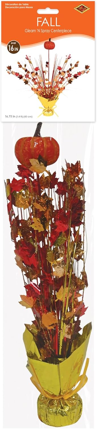 Beistle Fall Gleam 'N Spray Centerpieces – 3-Pack Autumn Table Decorations with Orange Pumpkin Topper and Foil Maple Leaves for Thanksgiving, Harvest Parties, and Seasonal Events, 16¾"