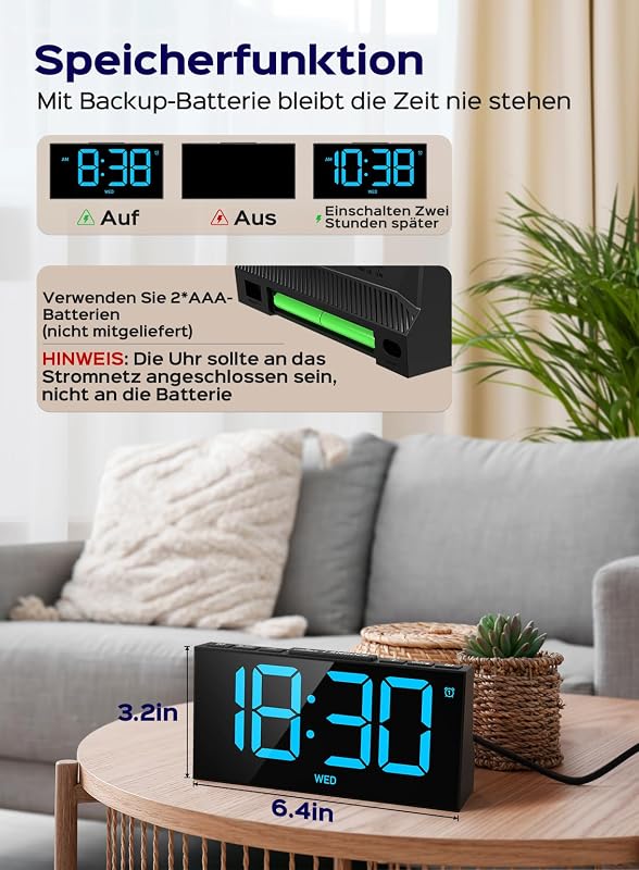 GOLOZA Digitális Ébresztőóra - Nagy Kijelzős LED Óra, USB Töltő, 4 Fényerő, Automatikus Fényerőszabályzás, Szundi Funkció, Kék