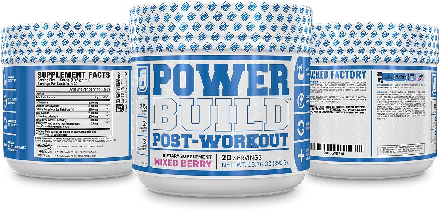 POWERBUILD Clinically-Dosed Post Workout Recovery & Muscle Building Supplement - Boost Muscle Growth, Recovery, & Strength - Creatine, Glutamine, & 5 More Powerful Ingredients - Mixed Berry Blast 13.76 Oz