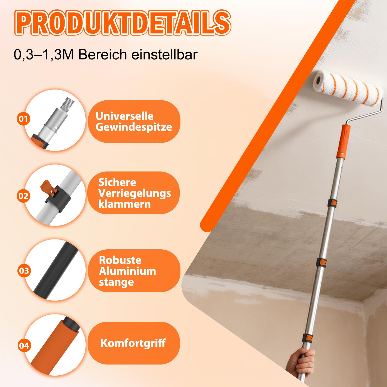 SISUPASSIE Farbroller Set mit 0,3–1,3 m Teleskopstange, 27-teiliges Malerrolle zum Streichen, 23 cm und 10 cm Lackrolle, Pinsel, Farbwanne, Mikrofaser-Rollerbezüge für Wände, Decken und Türen