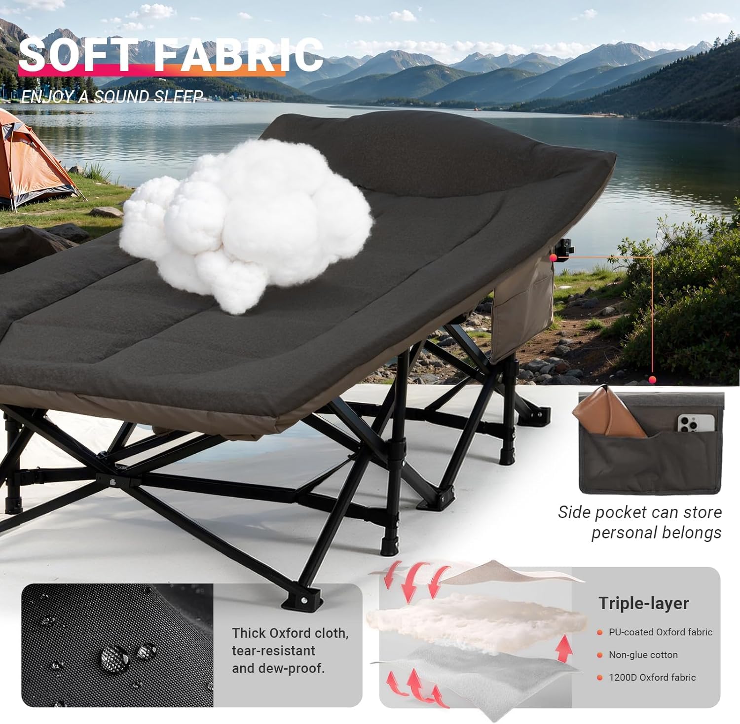 OVERMONT Lettino da Campeggio Brandina Pieghevole - Letto Portatile XL Caricabile Fino 250 kg - Letto Singolo Antiscivolo con Cuscino Borsa di Stoccaggio Borsa Trasporto per Camper Tende Viaggi Nero