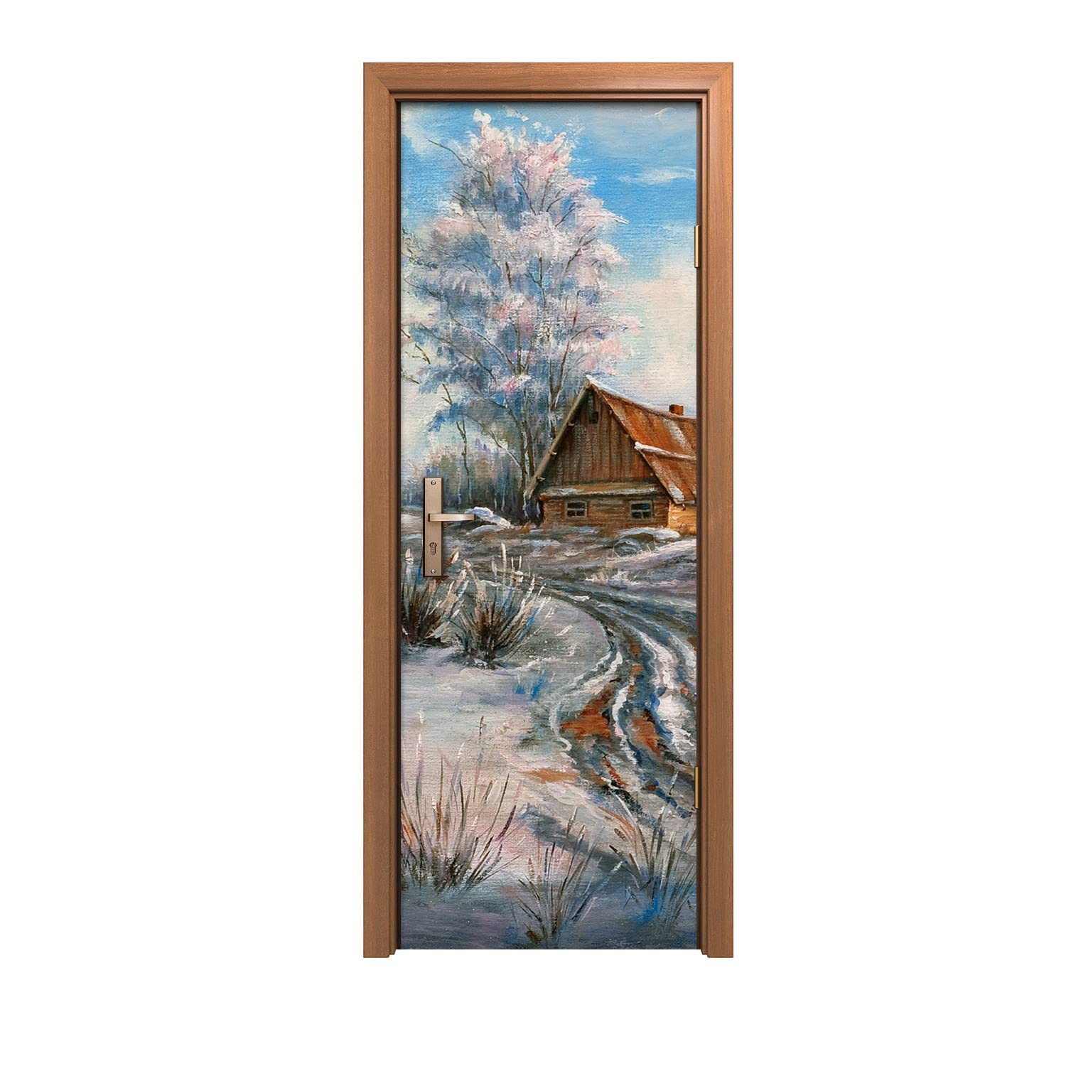 Autocollant de porte 70x200cm Winter Hut Tree sticker de rénovation murale pour entrée