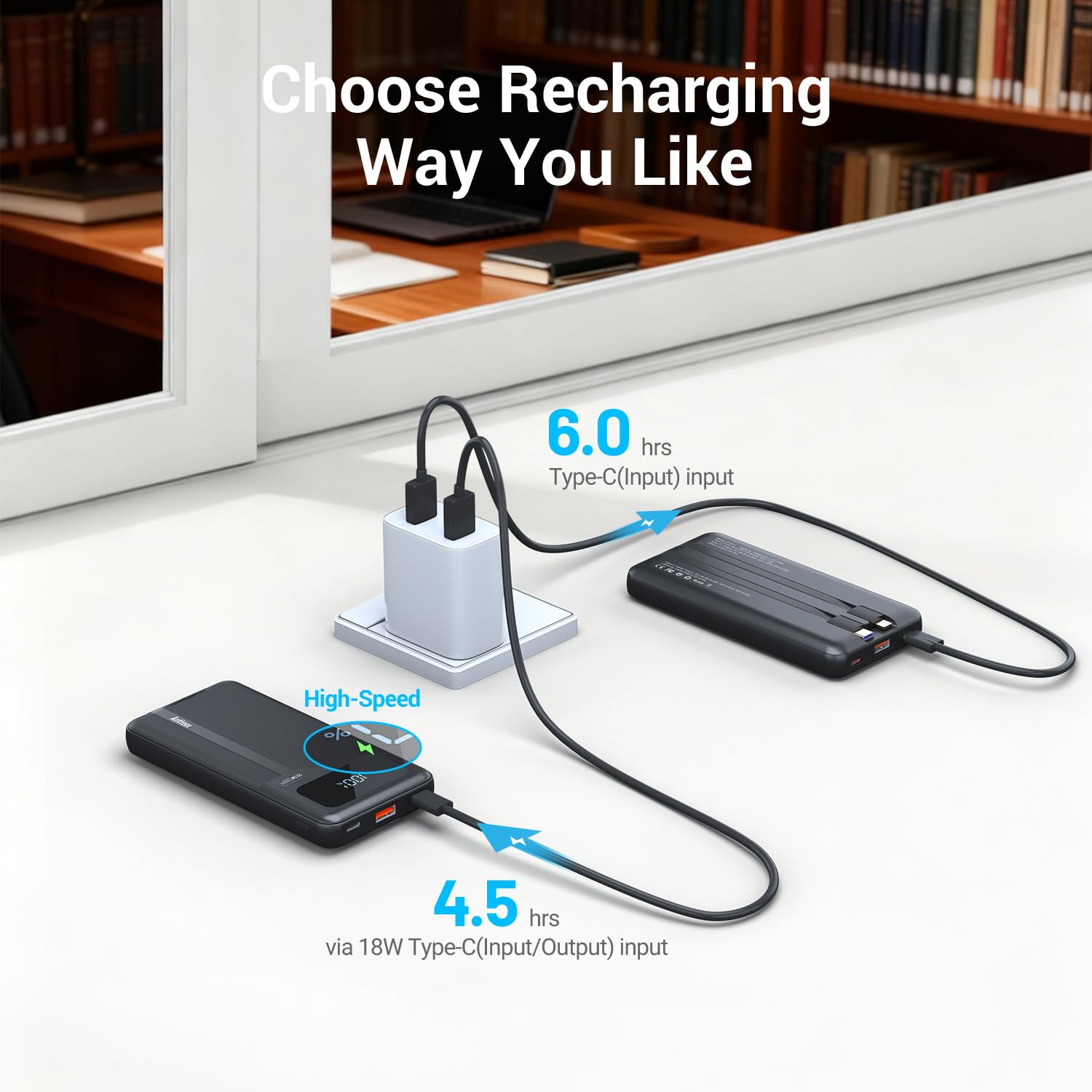 Antteez Cargador portátil de 10,000 mAh, batería externa de carga rápida con cables integrados, batería de viaje USB C de 22,5 W, pantalla LED y 4 salidas, compatible con iPhone, Samsung, iPad