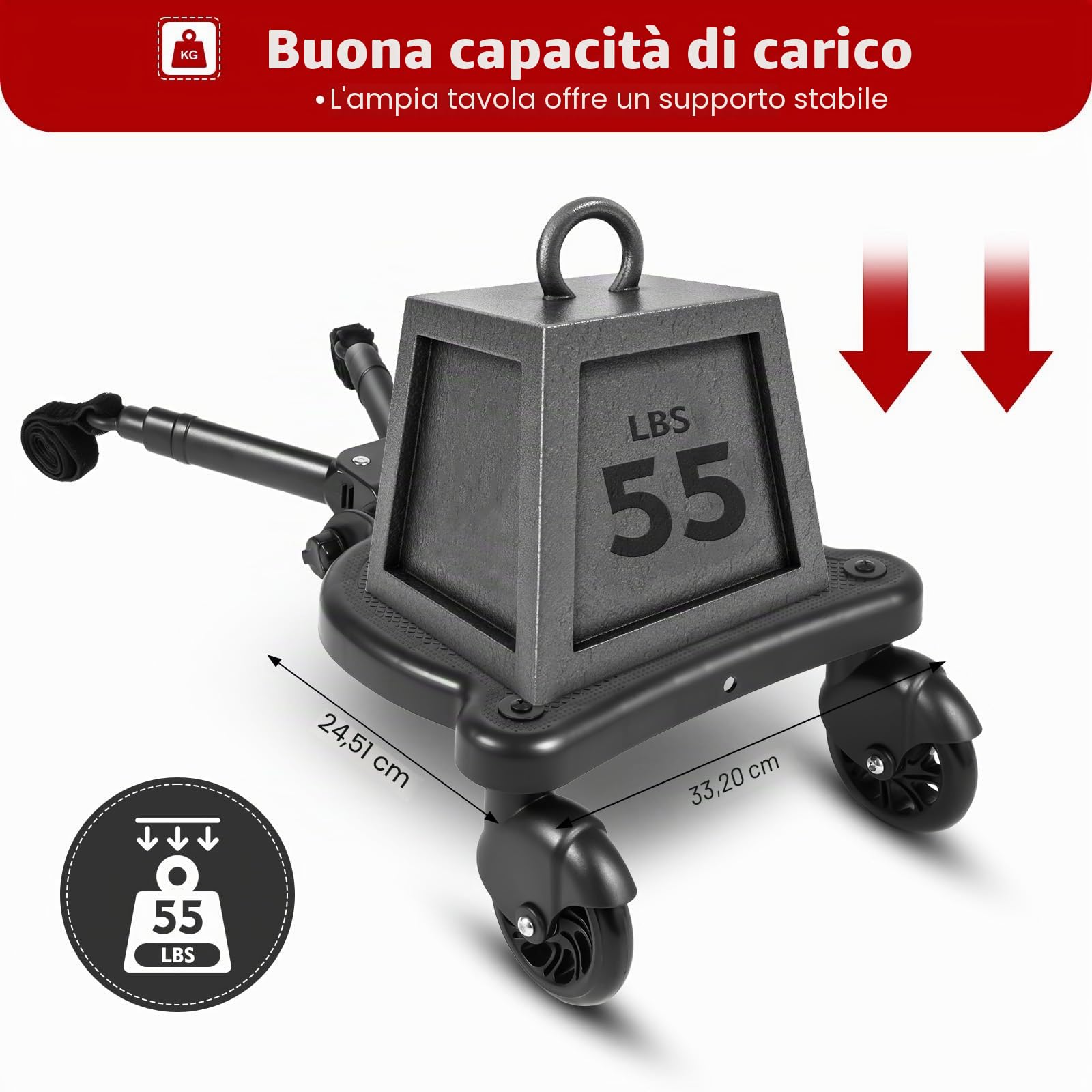 Passeggino con sedile – Pedana – Design a due ruote a 360° – Supporto universale per passeggino, accessori per passeggino, adatto per ogni passeggino