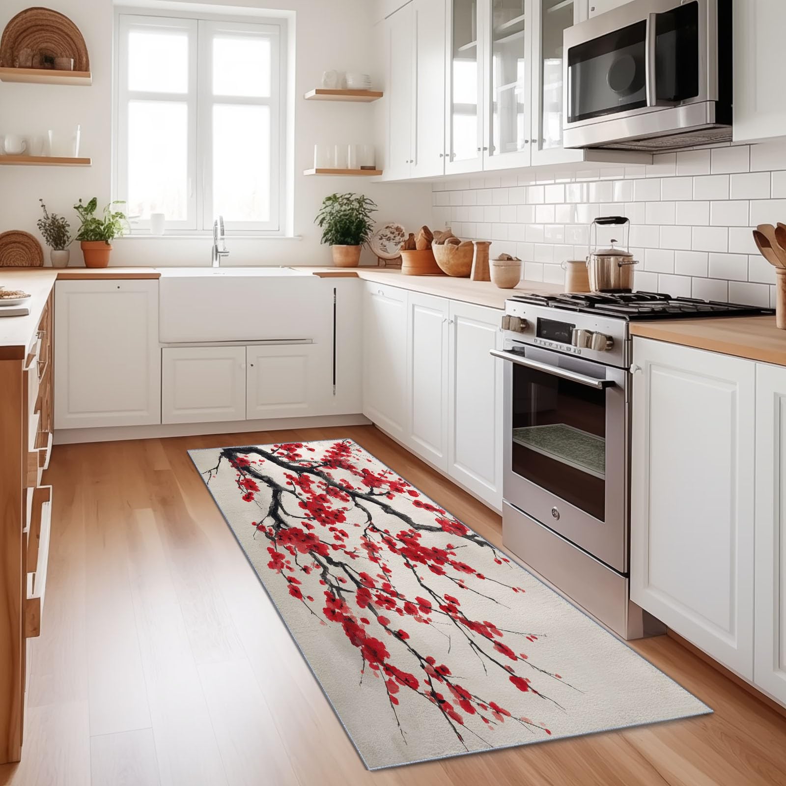 Tapis de passage antidérapant et lavable motif plante fleur de prunier 80 x 150 cm
