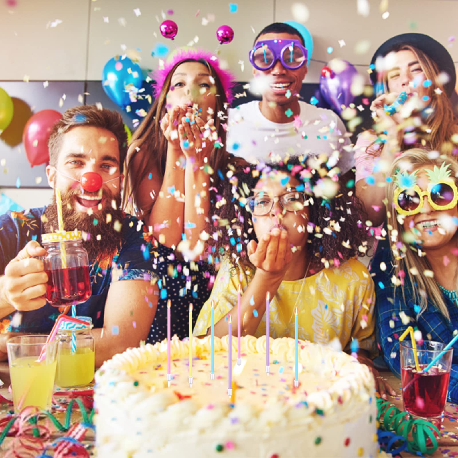 DONQL Bougies Arc en Ciel Longue 16PCS Bougies d'anniversaire avec Support pour Gâteau