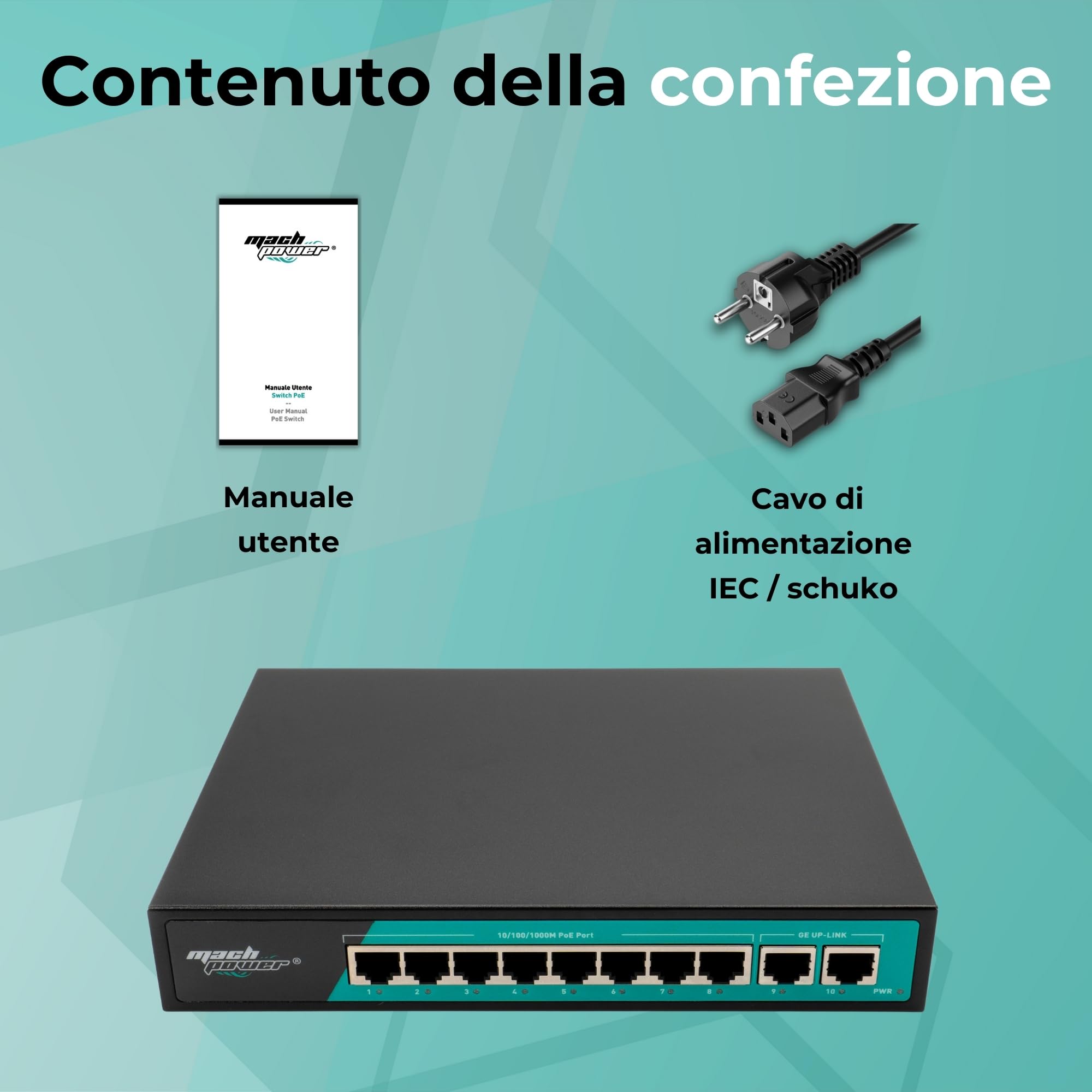 Switch 8 Porte Gigabit PoE + 2 Uplink, 150W, VLAN, Estensione Fino a 250m, Plug & Play, Ideale per Videosorveglianza e Reti Aziendali (SW-UG8P2L-069)