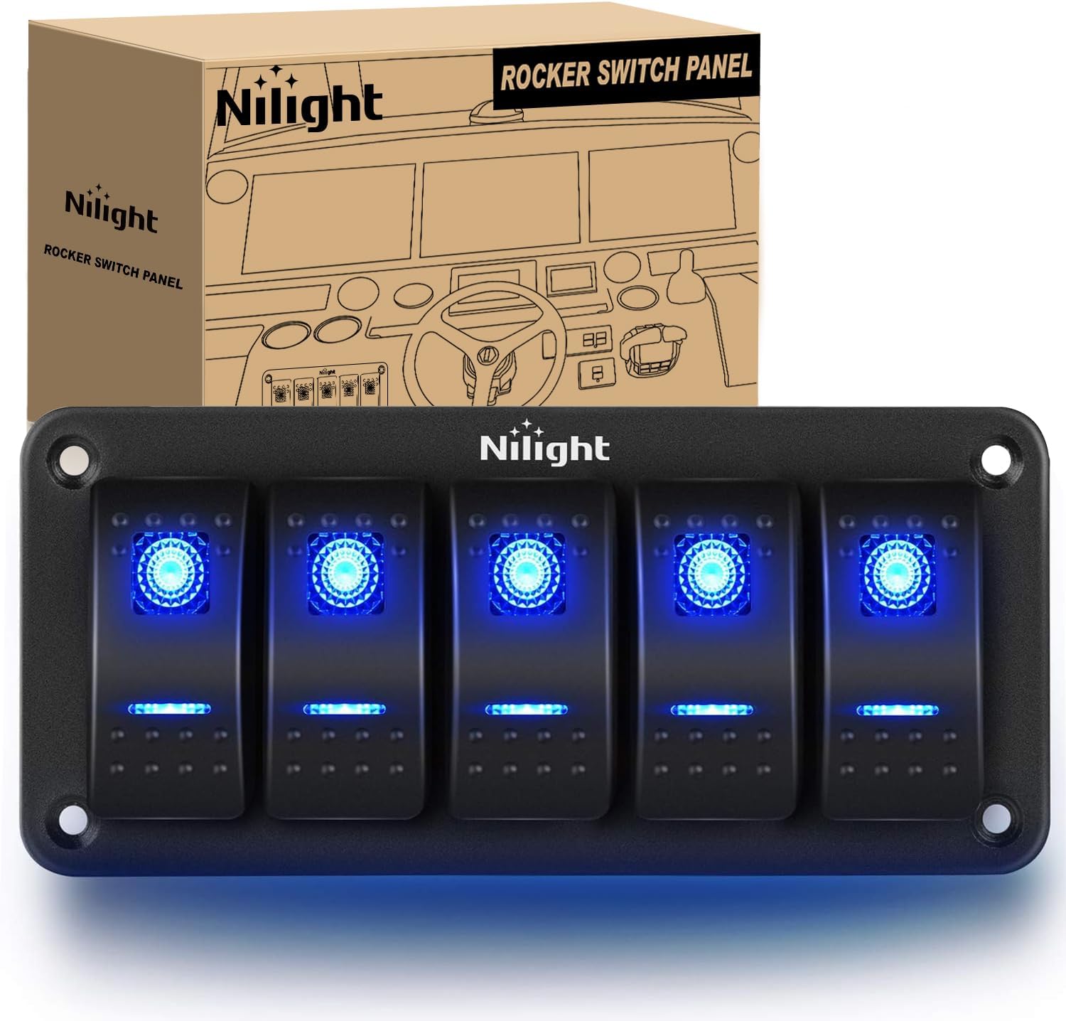 Nilight - 90110E 5 Gang Aluminum Rocker Switch Panel Toggle Dash 5 Pin ON/Off Pre-Wired Rocker Switch Blue Backlit Switch for Automotive Car Marine Boat RV,2 Years Warranty