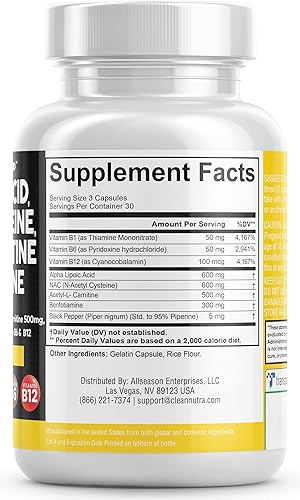 Miniatura 3 de Ácido alfa lipoico 600 mg N-acetil cisteína 600 mg acetil L-carnitina 500 mg Benfotiamina 300 mg - Suplemento de apoyo nervioso para mujeres y