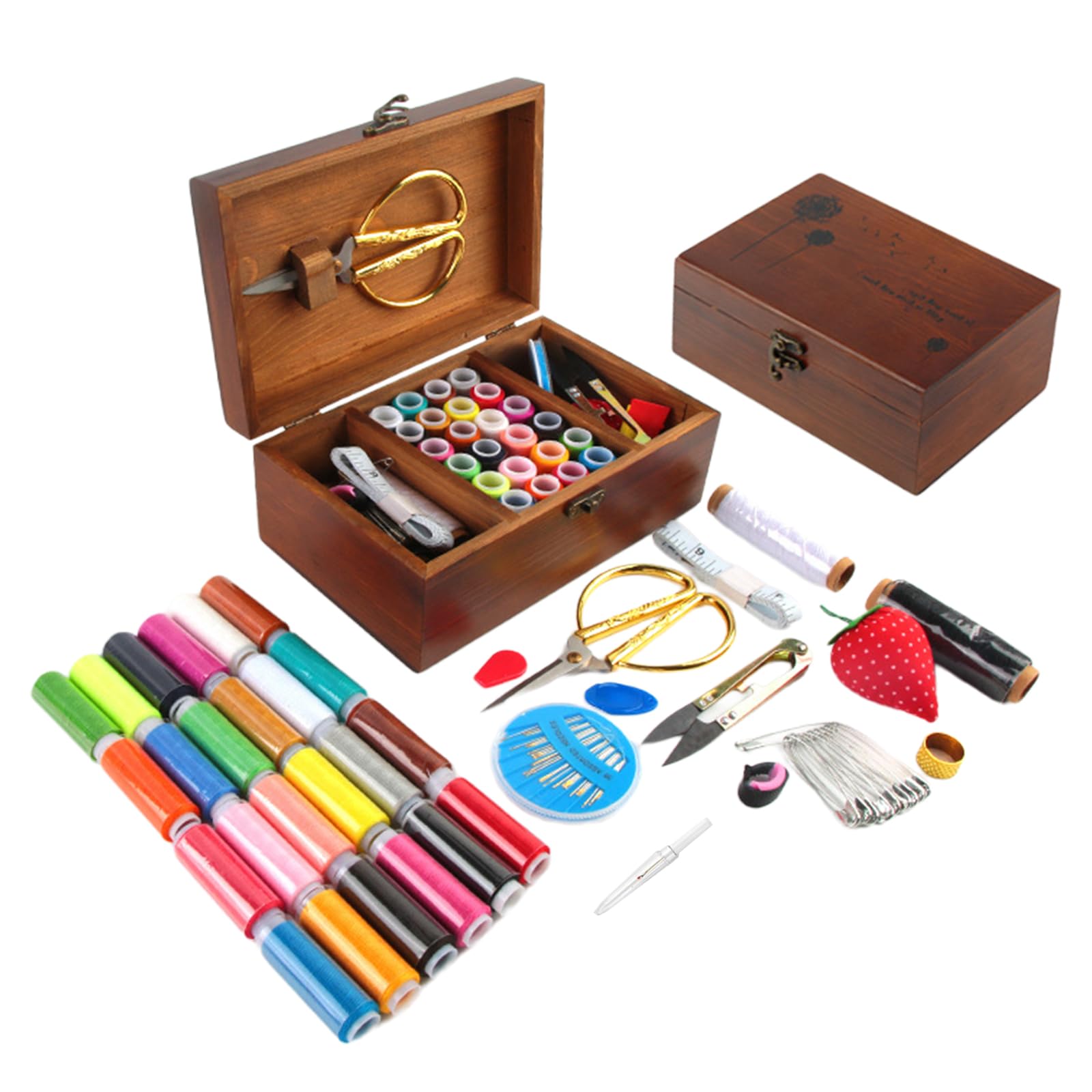 Scatola da cucito in legno con accessori retrò, cestino da cucito in legno, kit di riparazione regalo, accessori fai da te per principianti professionisti