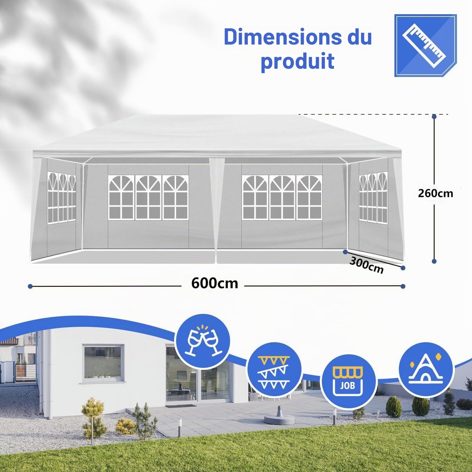 Bonnlo Tonnelle de Jardin 3x6 avec 6 Parois Latérales Amovibles en bâche PE Tubes en Fer Barnum Stable et résistant Gazebo de Jardin pour marchés Festivals Camping Mariages Blanc (3x6m 6parois)