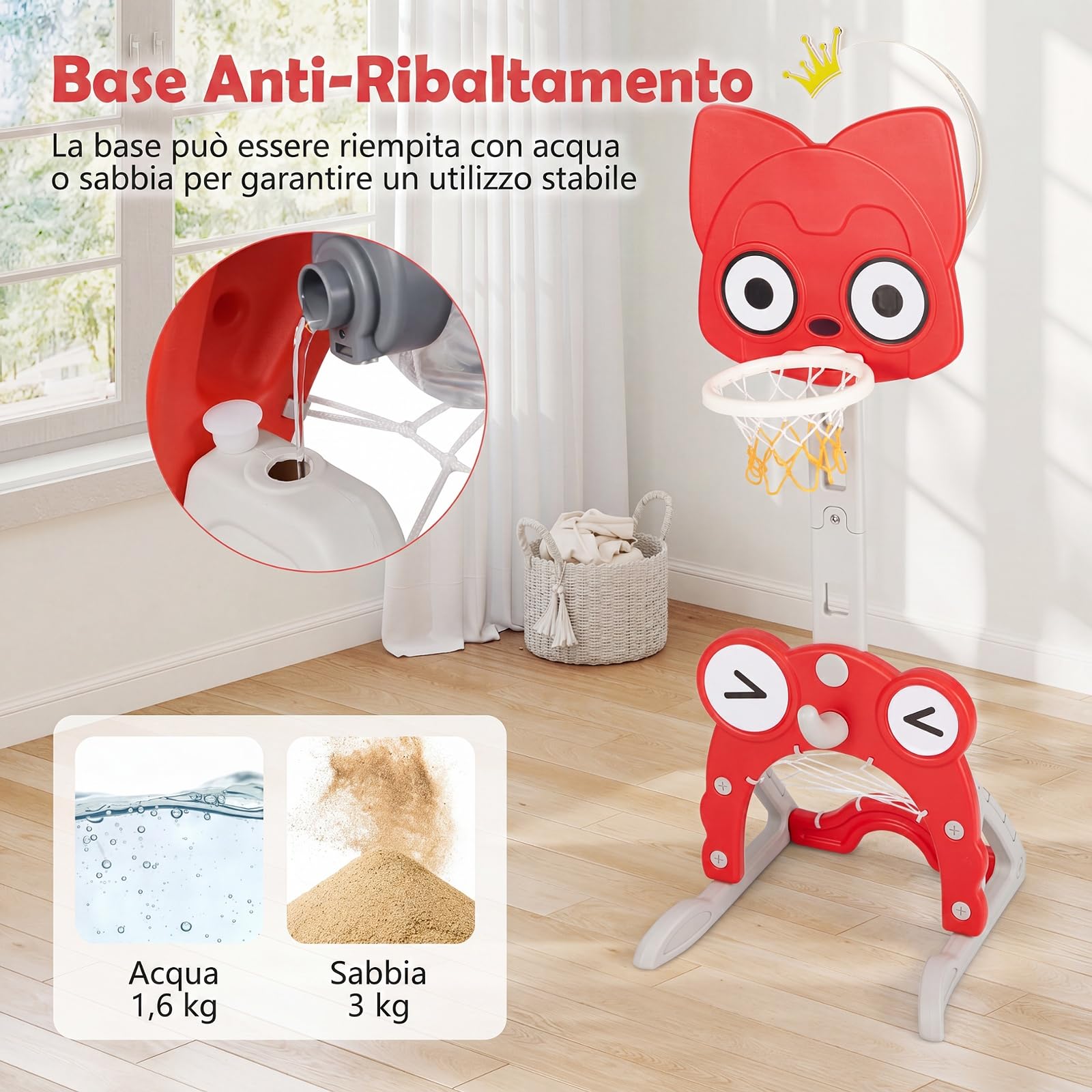 COSTWAY Canestro da Basket 4 in 1 per Bambini 3+ Anni, Altezza 118-148 cm | Centro di Attività Forma Volpe in HDPE con Golf, Calcio e Anelli da Lancio, Base Riempibile, per Cameretta e Asilo Nido