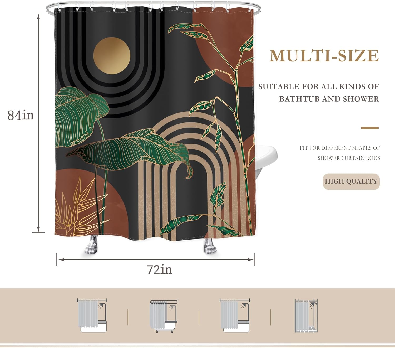 Glawry Dark Abstract Extra Long Shower Curtain Boho Mid Century Retro Tropical Palm Tree Sun Brown Modern Bathroom Simple Geometric 72Wx84L Inches Bath Accessories Art Home Decor Fabric 12 Pack Hooks