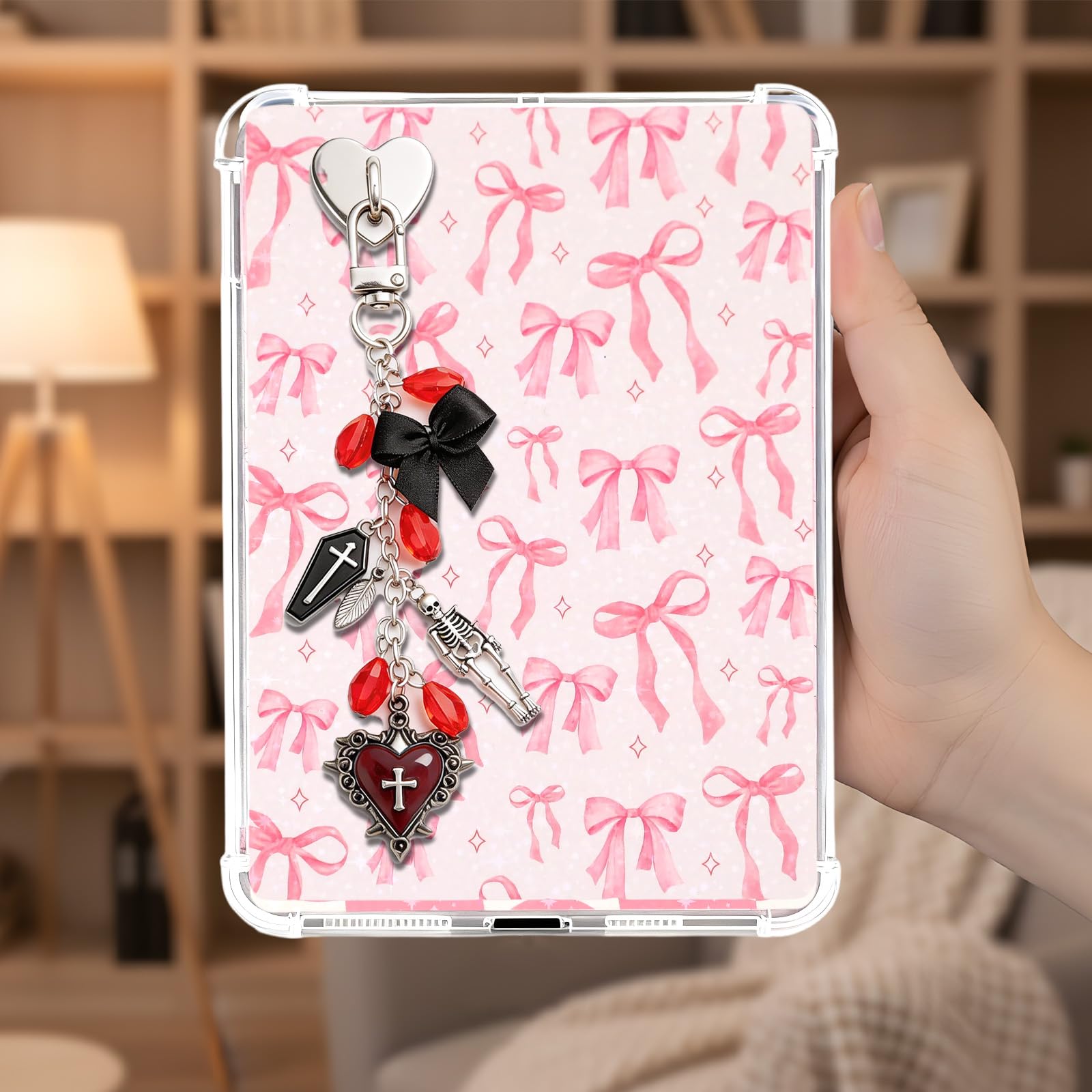 TAKEALOOKO 4PCS Gothic Skeleton Charms for Kindle - Sliver Red Cross Heart Chains with Type C Dust Plug, Stylish Charm for Readers Book Lovers, Compatible for E-Reader Phones Paper White - 2