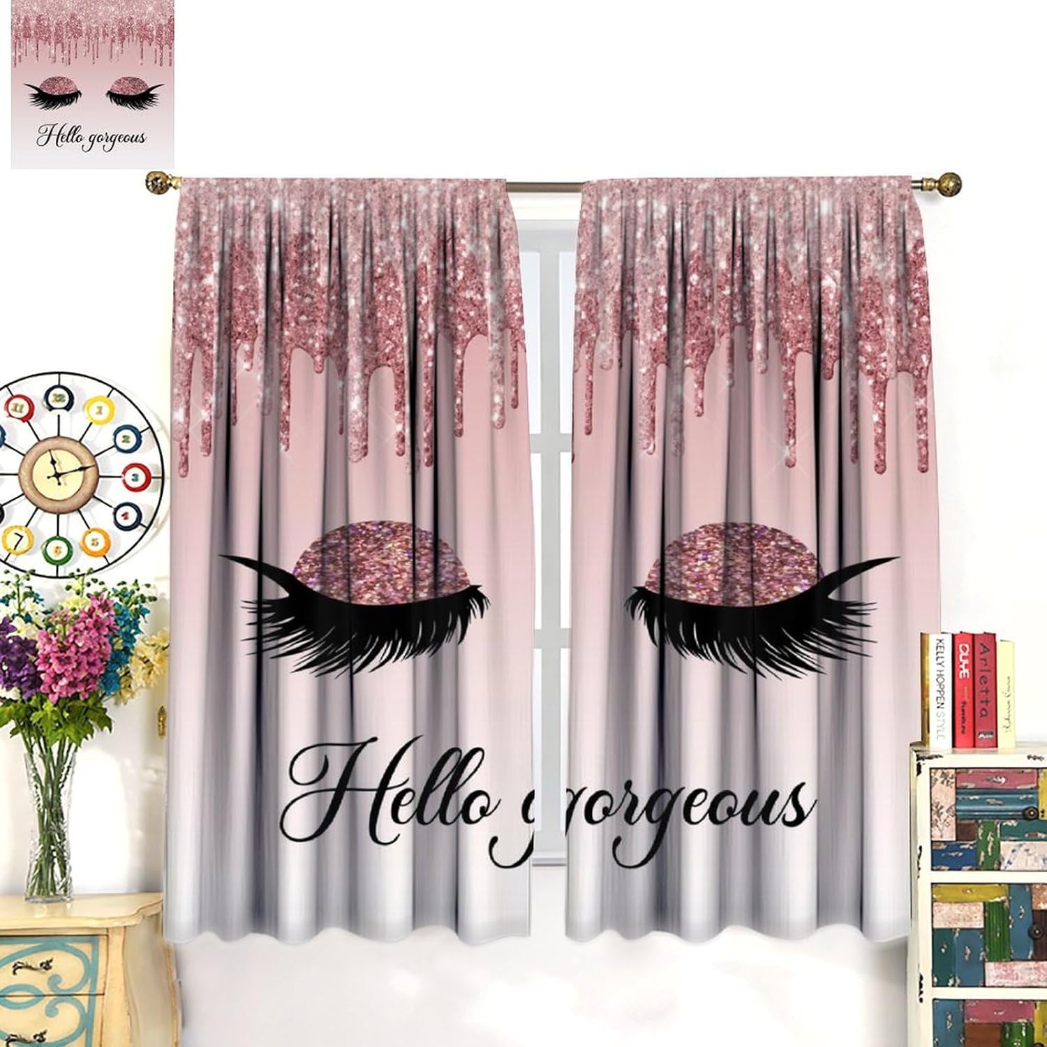 Pink Hello Gorgeous Eyelash Curtains, Girl Modern Makeup Theme Dripping Glitter Print Window Drapes for Living Room Women Girls Bedroom Set 2 Panels,84x84 Inches