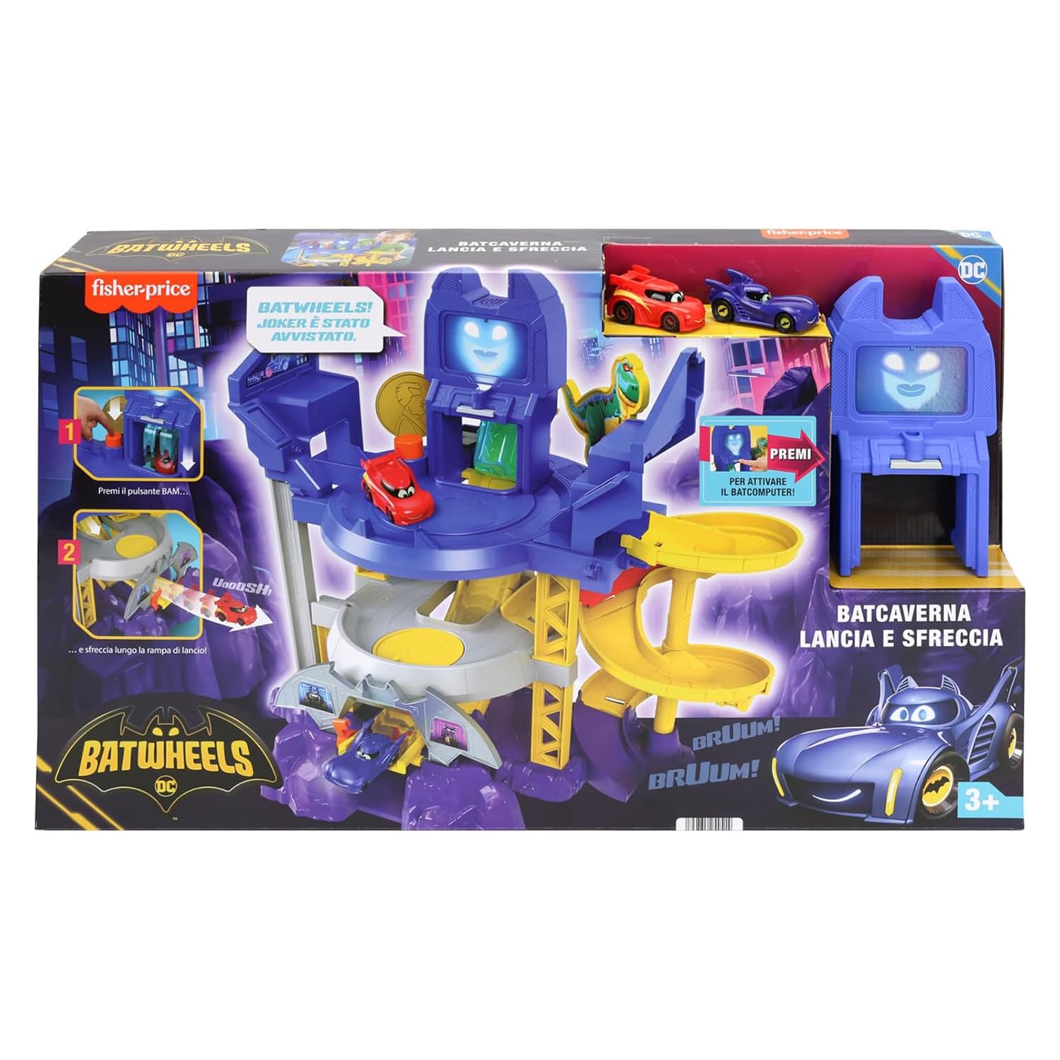 Fisher-Price DC Batwheels - Batcaverne Lancia et Sflèche, Jeu de Piste inspiré de la Batcaverne avec 3 Plans de Jeu, lumières et Sons, Comprend 2 Voitures, Jouet pour Enfants, 3+ Ans, HYR74