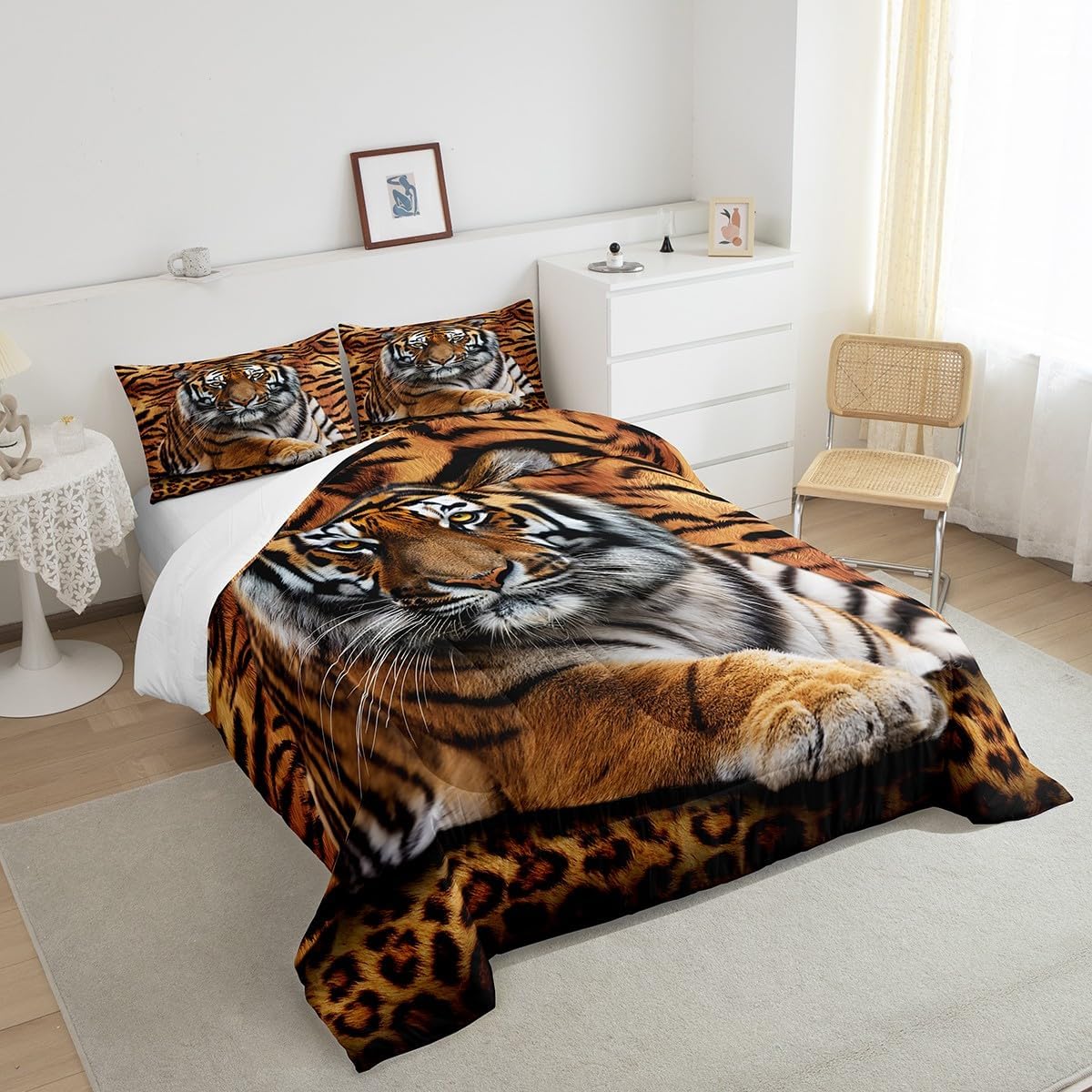 Manfei Tiger 3D Print Comforter Set Queen Size Wild Animals Bedding Set 3pcs for Kids Teens Room Decor,Animal Fur Quilt Set Soft Breathable Duvet Insert with 2 Pillowcases