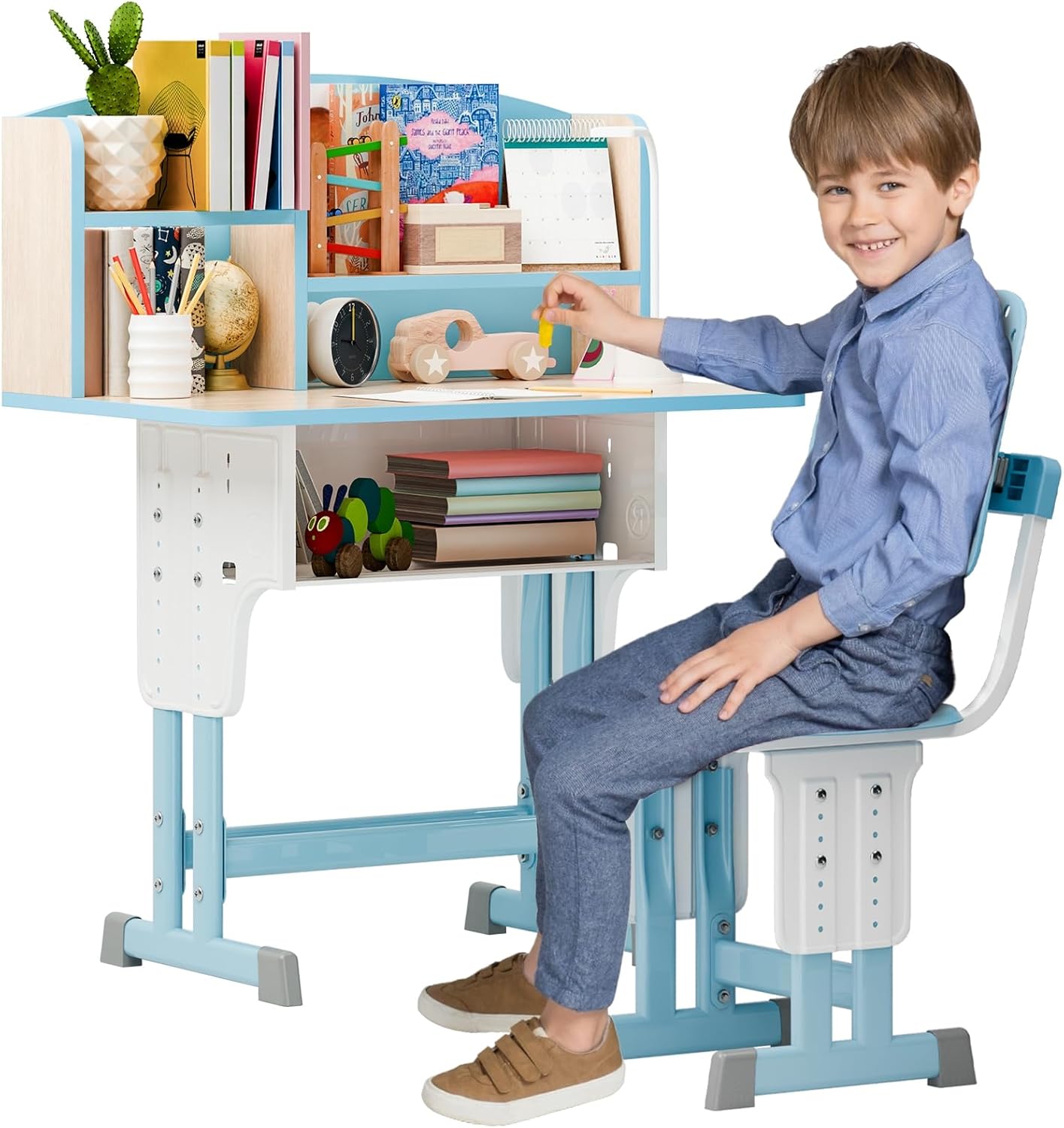 Kids Functional Desk and Chair Set, Ergonomic Adjustable Height Children School Study Leaning Desk Chair Set with Drawer Design, Four Partition Book Stand, Backpack Hook, Cup Holder Blue