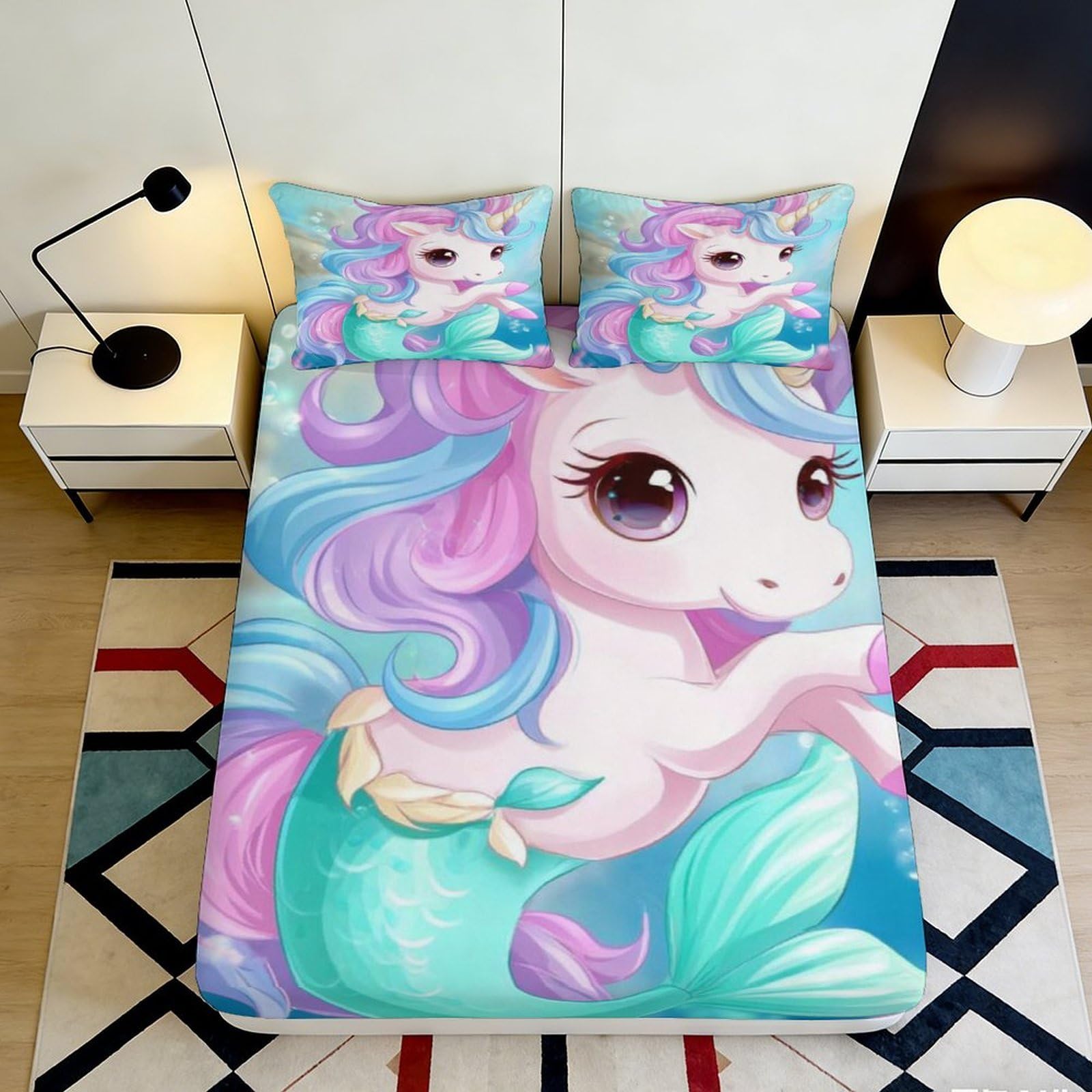 3D Printed Unicorn Fitted Sheet Microfiber Deep Pocket Full Wrap Bedroom Bedding Unicorn Mattress Fitted Cover Non-Slip for Adults Teens 140x200x25cm
