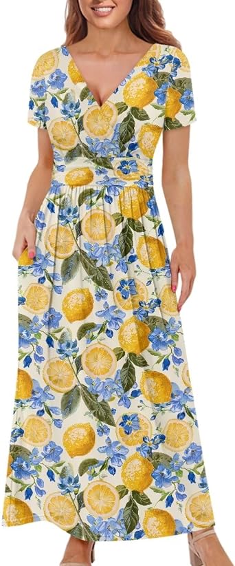 Womens Fall Dresses Short Sleeve V-Neck Maxi Dress with Pockets Empire Pleated Waist Swing Dress for Wedding Guest