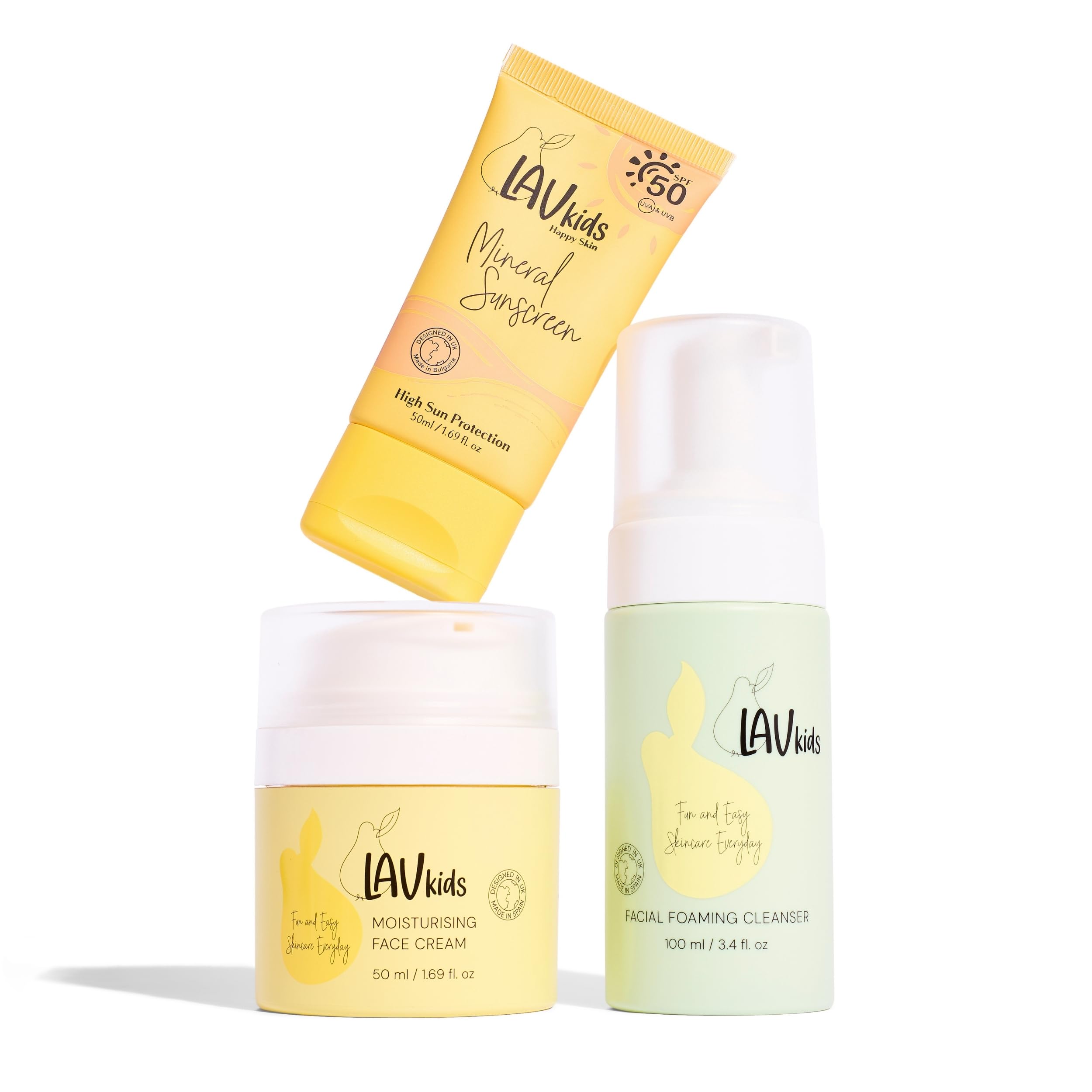 LAV KIDS 3-częściowy zestaw do pielęgnacji skóry dla dzieci, pianka do czyszczenia 100 ml, krem do twarzy 50 ml, ochrona przed słońcem LSF 50 50 ml, z opaską na włosy i workiem siatkowym (nawilżający)