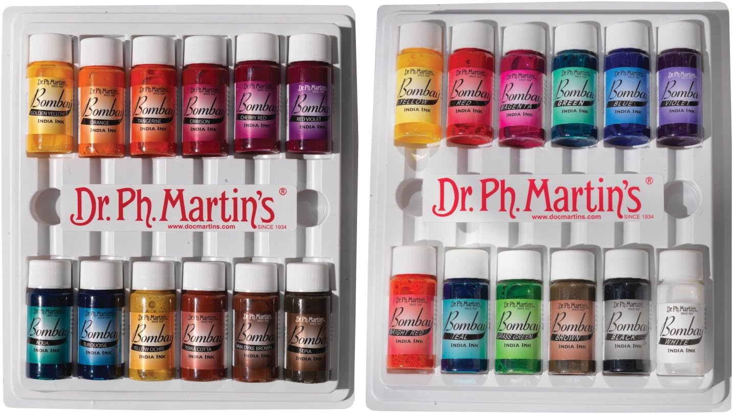 Dr Martins 411242 Bombay India Ink Set with Dropper Cap, 0.03 Pint Capacity, Assorted Color