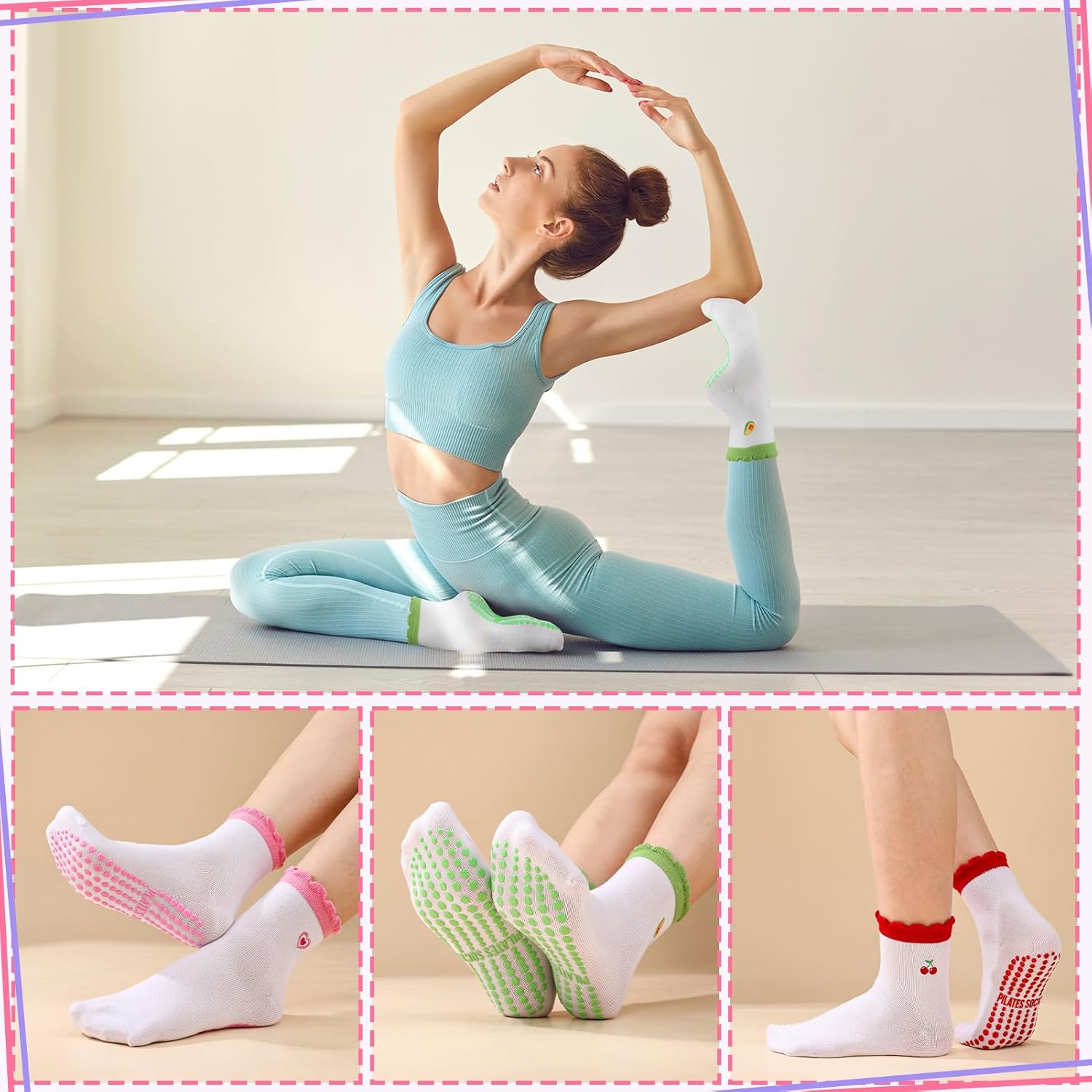 Jspupifip 4 Pairs Cute Pilates Socks for Women Ruffle Cuff Grips - Image 6
