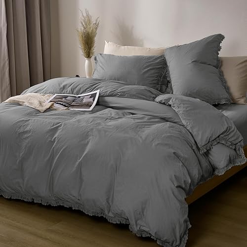 PHF Juego de funda de edredón 100% algodón lavado, tamaño King, ultra suave, de lino y algodón con borlas, 3 piezas, transpirable, duradera, con
