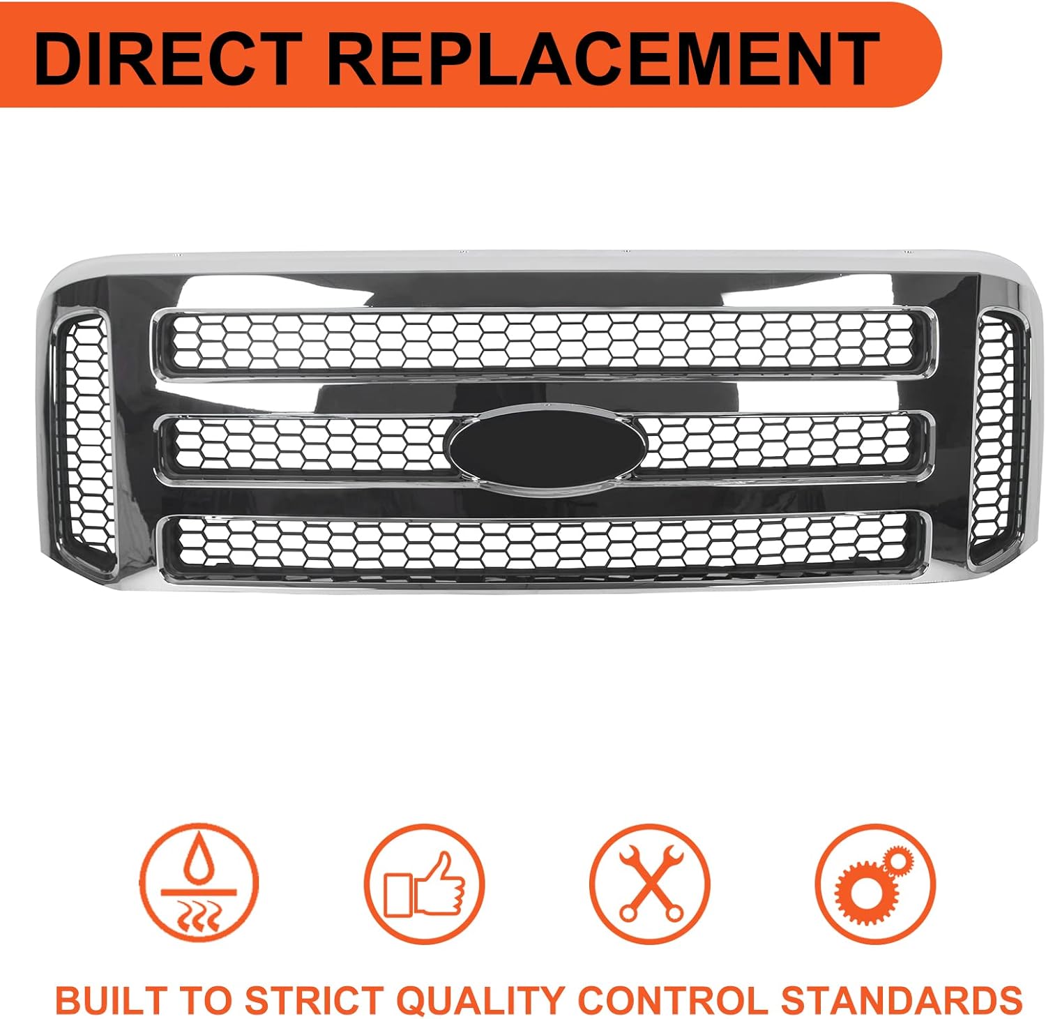 ECOTRIC Front Grille Compatible with Ford 1999-2004 F250 F350 Super Duty 2000-2004 Excursion New Grille Chrome Mesh Style