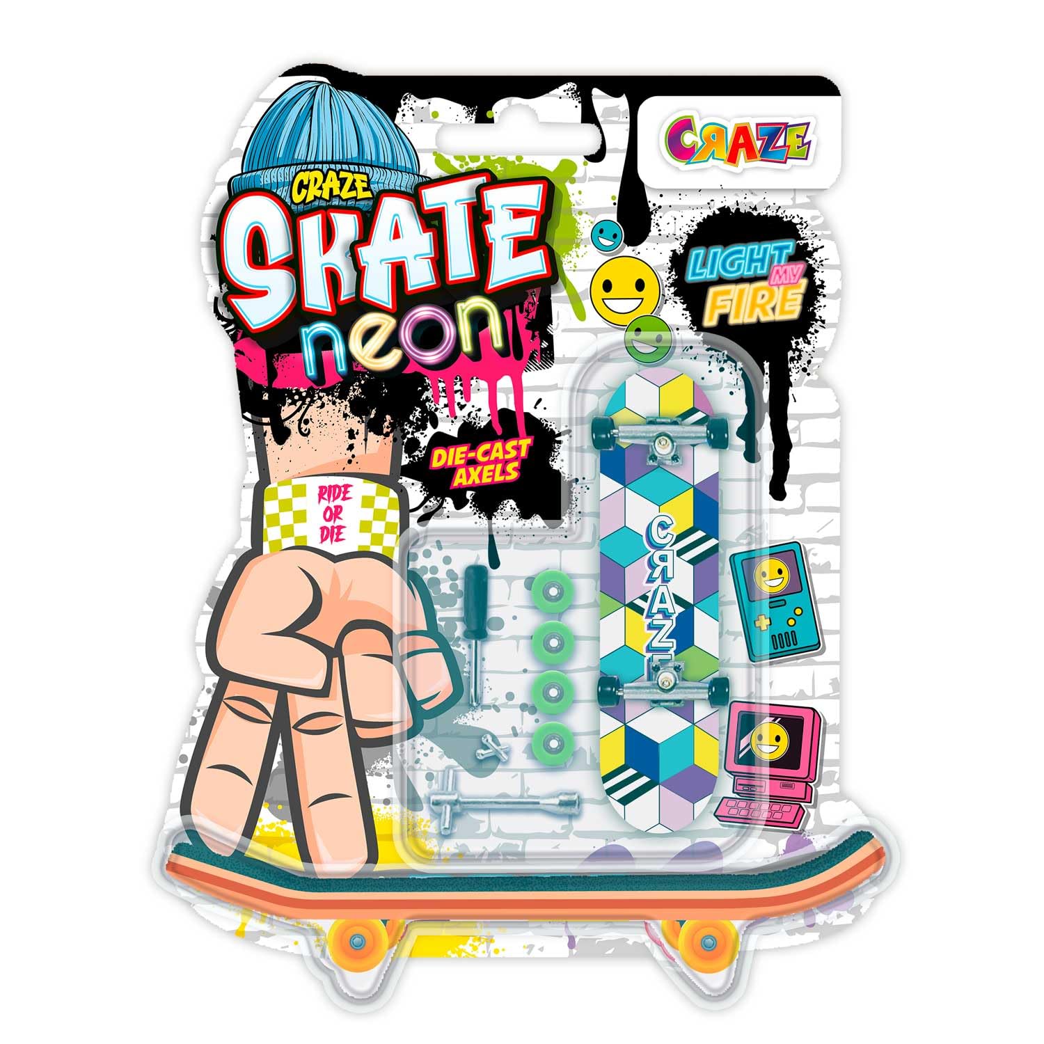 CRAZE SKATE Fingerboard Set Neon Edition Pack of 4  Bright Finger Boards, Mini Skateboards for Kids with accessories - skate fidget toys