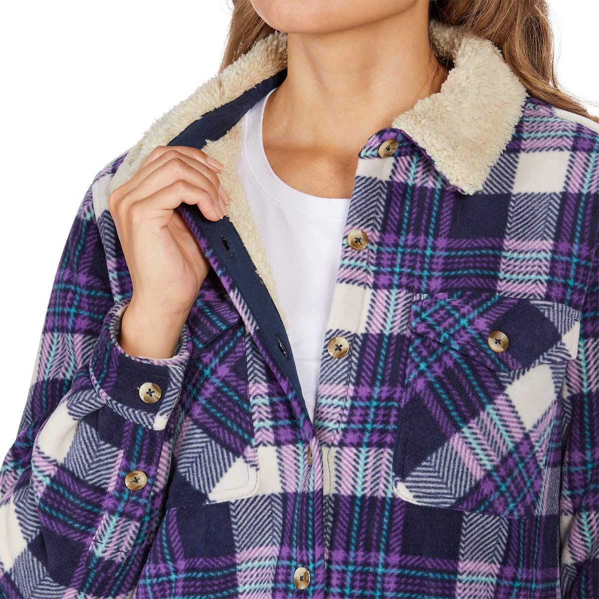Women's Long Sleeve Plaid Fleece Jackets| Super Plush Sherpa Lined Shirt Jacket Tops with Pockets (Small, Blue-Purple) - Image 2