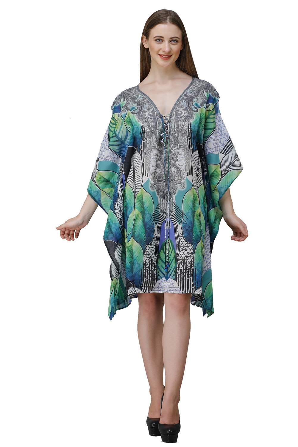 curvshape Short Leaf Green Digital Printed | Georgette Kaftan | Vacation Wear | Beach Wear | Coverups | Kaftan Dress | for Women | Free Size [M-3XL]-picture-11