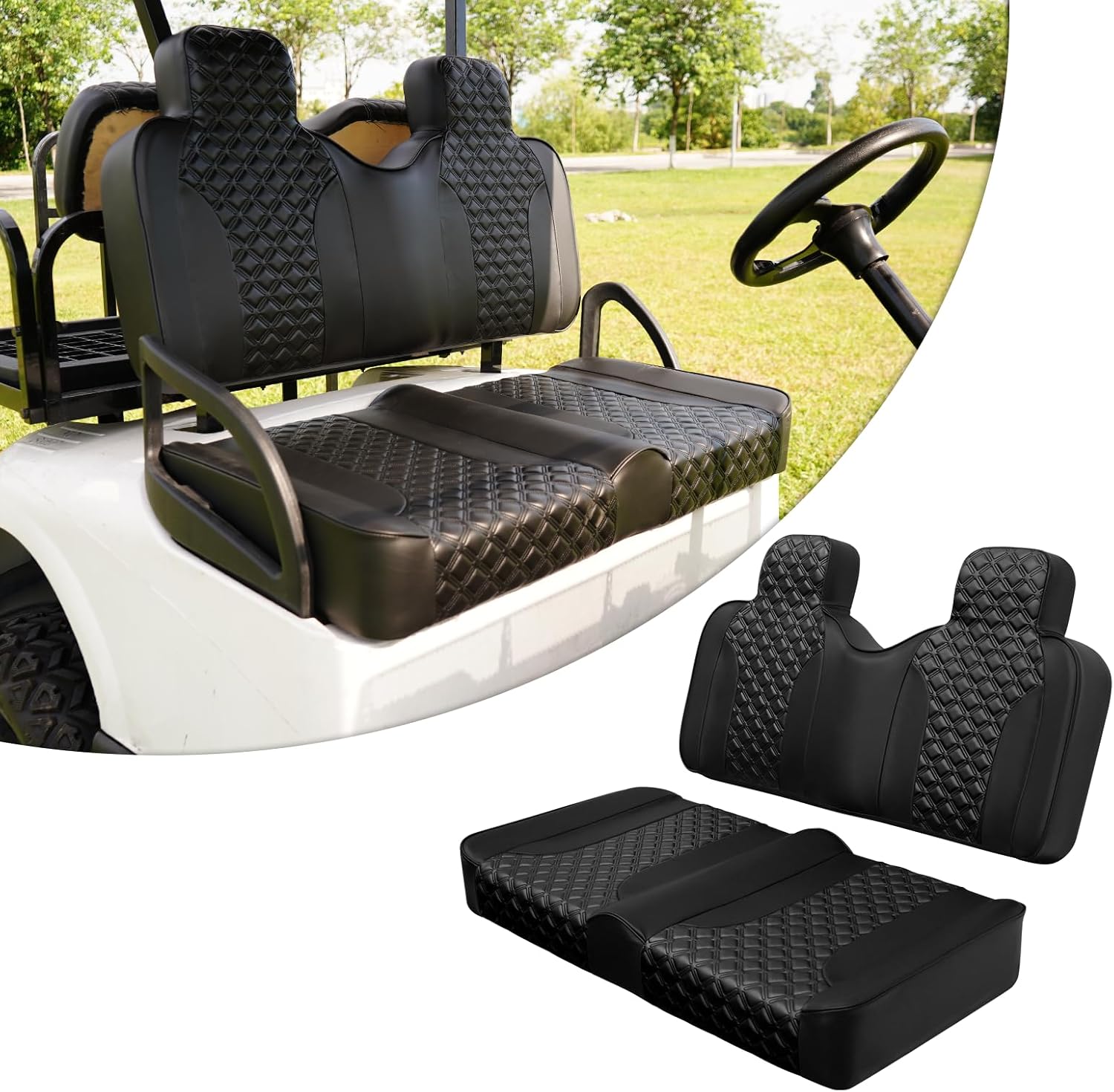 XUANYUDG0769 Front Golf Cart Seat Replacement Cushions Black，EZGO TXT 1994-2013 RXV 2008+ Up， Seat Back and Seat Bottom Cushion Assembly Kit