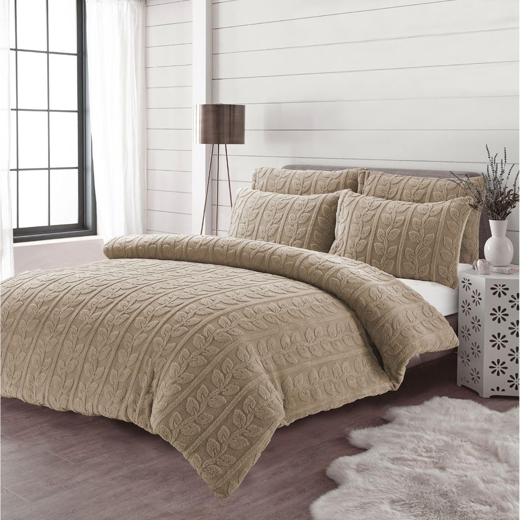 Artistic Fashionista Limited Luxurious LEAVES Teddy Fleece Duvet Cover Set Ultra-Soft Warm Cosy Fluffy Snuggly Thermal Sherpa Fleece Quilt Cover Pillowcases Bedding Winter Bed Linen Set (Beige, King)