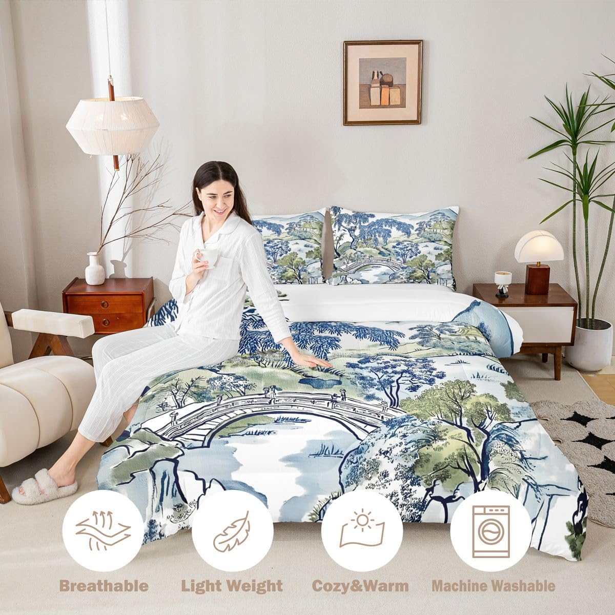Feelyou Chinese Landscape Painting Comforter Set Toddler Vintage Chinese Art Design Bedding Set for Kids Boys Girls Nature Theme Duvet Quilt Oriental Garden Bedroom Decor 2 Pcs with 1 Pillow Cases