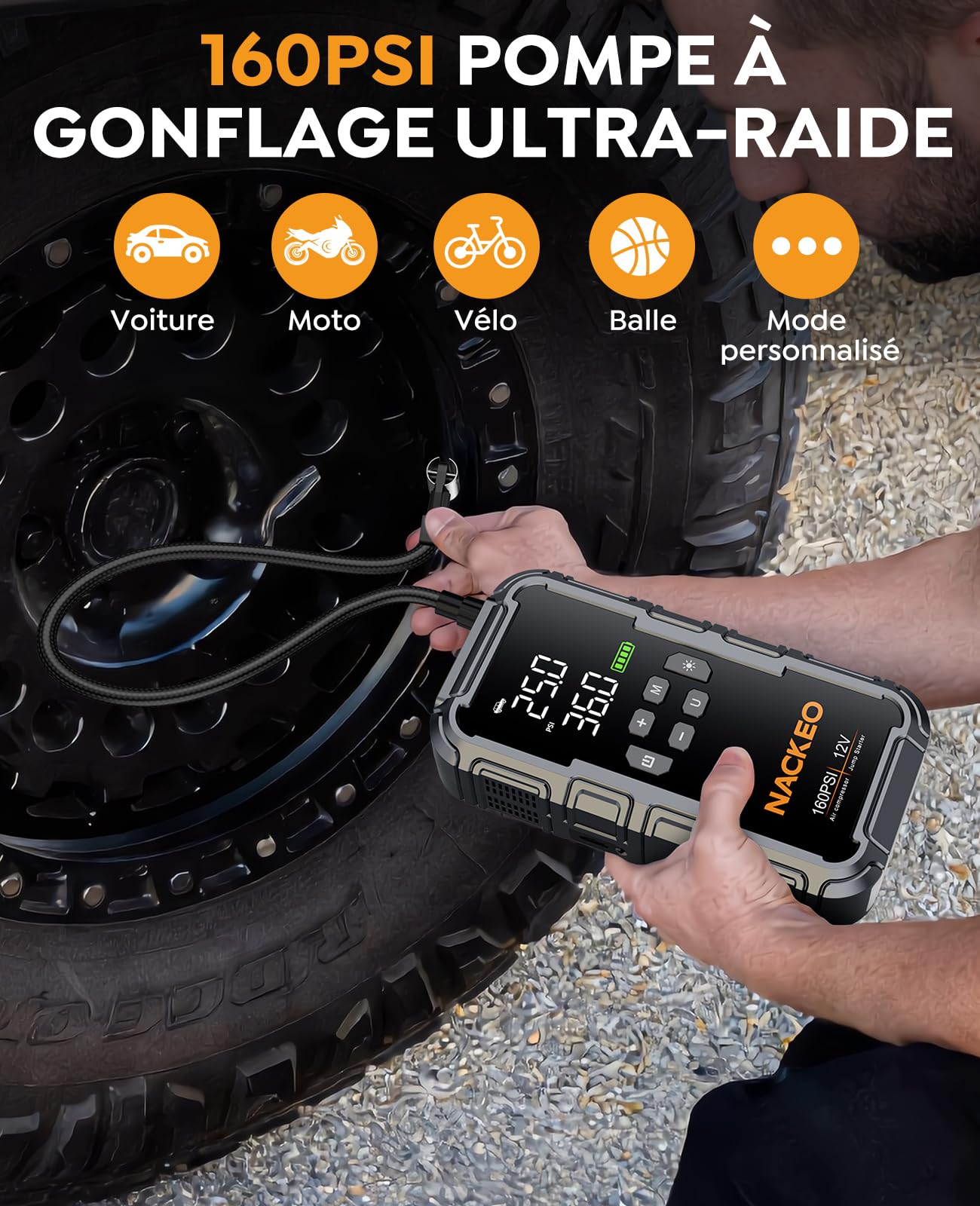Booster Batterie Voiture 8000A avec Compresseur 160PSI, 12V Booster Voiture Portable (Essence & Diesel 12L), Démarreur Batterie Voiture avec Lampe 600LM, Câbles de Démarrage, Grand écran LCD