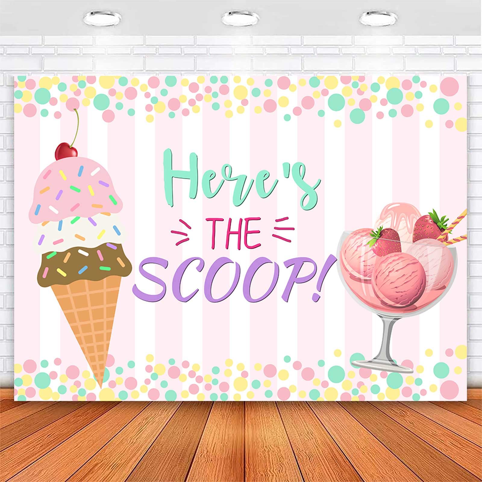 Sensfun Here's The Scoop Backdrop Sweet Summer Girls Ice Cream Birthday Baby Shower Decorations Banner Pink Stripes Colorful Polka Dots Photography