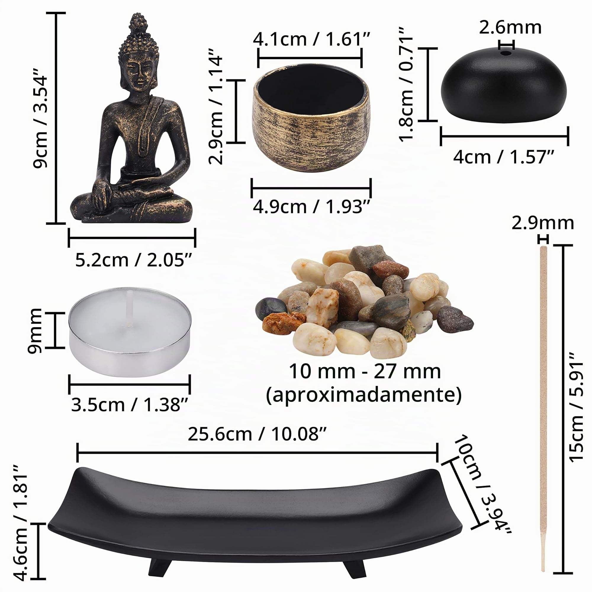 Belle Vous Quemador de Incienso Buda Sentado en Bandeja de Jardin Zen - Piedras Naturales, Porta Velas de Té y Mini Estatua - Adorno de Mesa, Regalo para el Hogar y Oficina