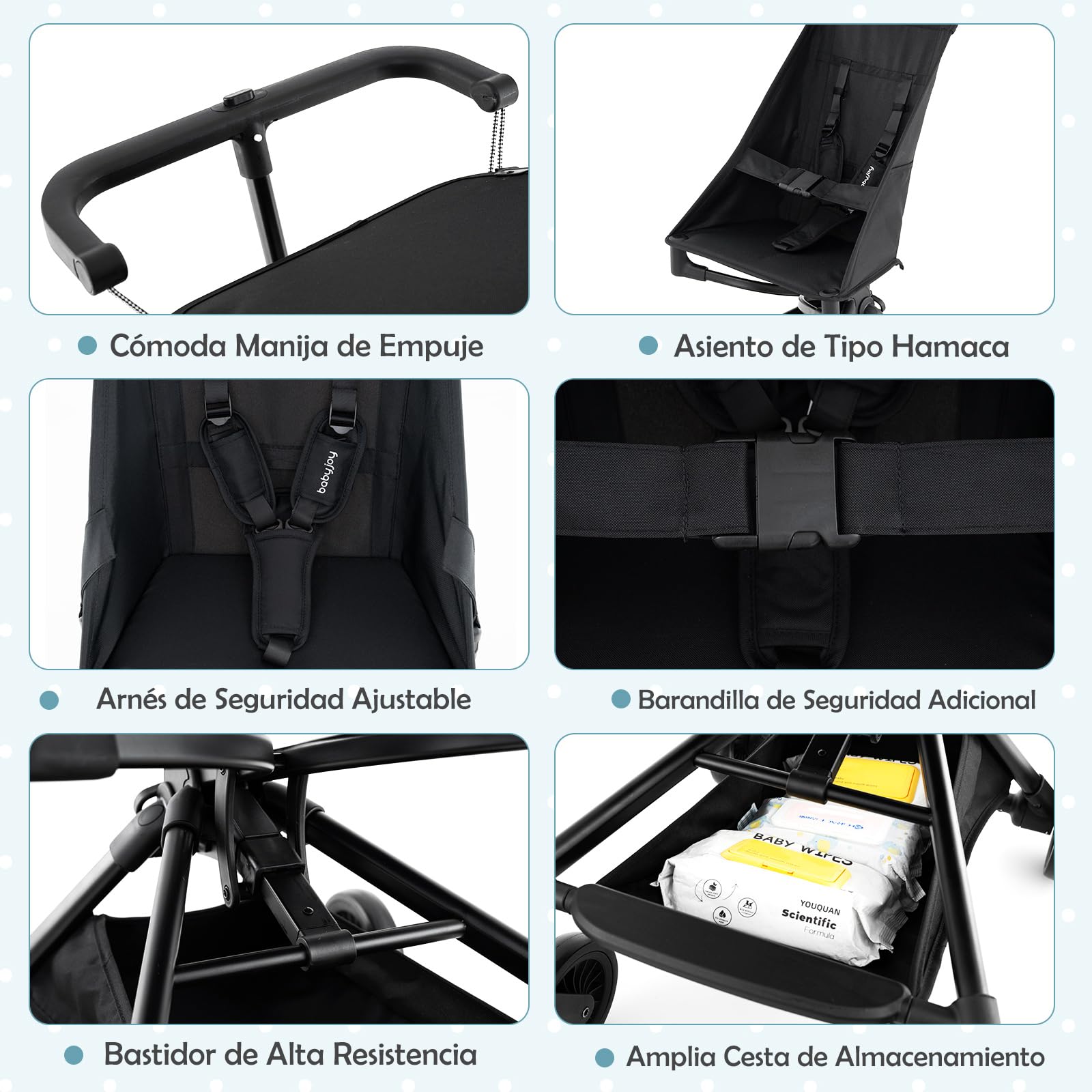 COSTWAY Silla de Paseo Ligera, Carrito Bebe Plegable con Capota Ajustable, Cochecito Bebe Compacto para Avión, Canasta de Almacenamiento y Ruedas Todo Terreno, para Bebés de 6+Meses