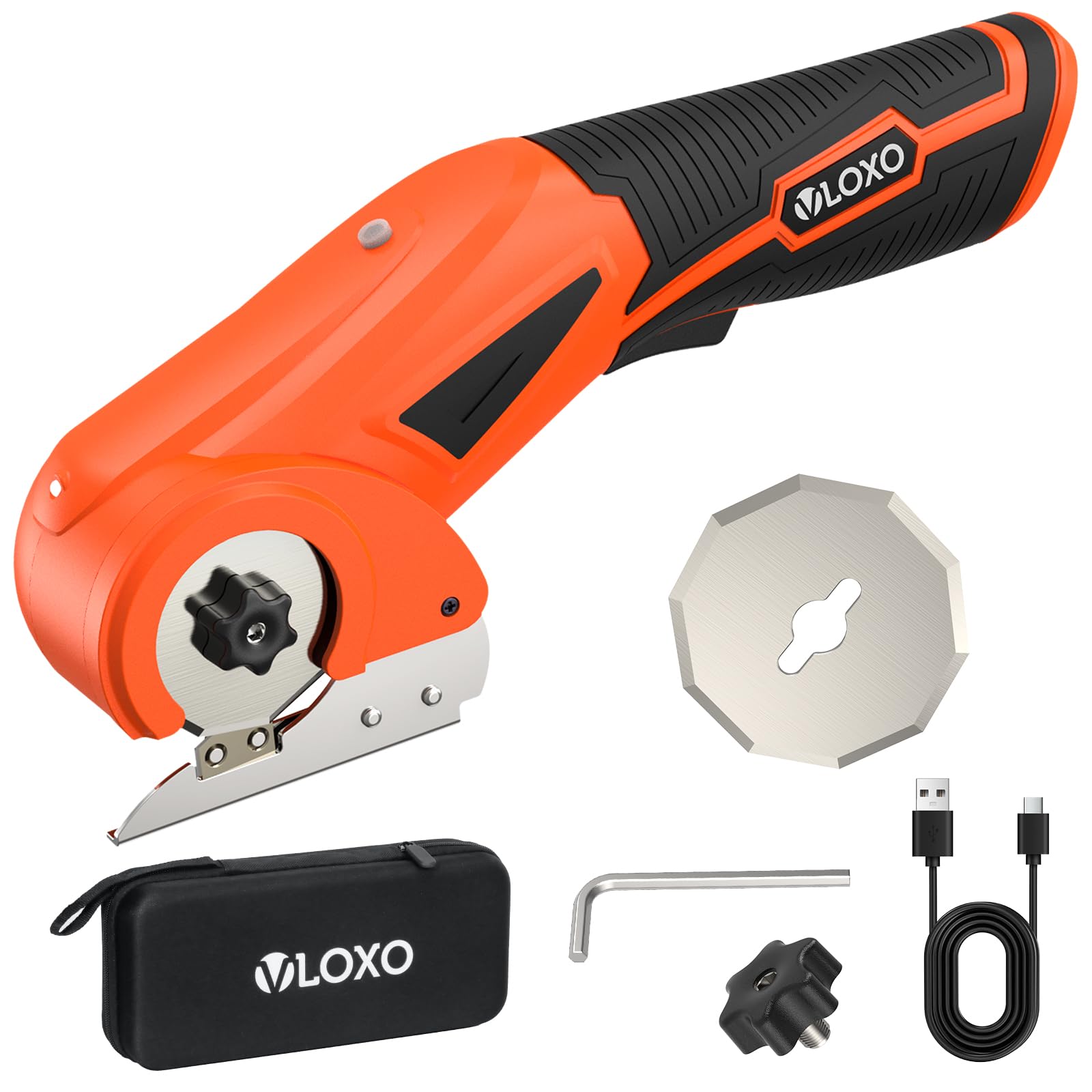 VLOXO Kartonschneider 4V Elektrische Schere Akku Universalschneider mit Leuchtung und 2 Edelstahlklingen Wiederaufladbarer Rotationsschneider Set mit Koffer für Pappe Teppich Leder Kunststoff